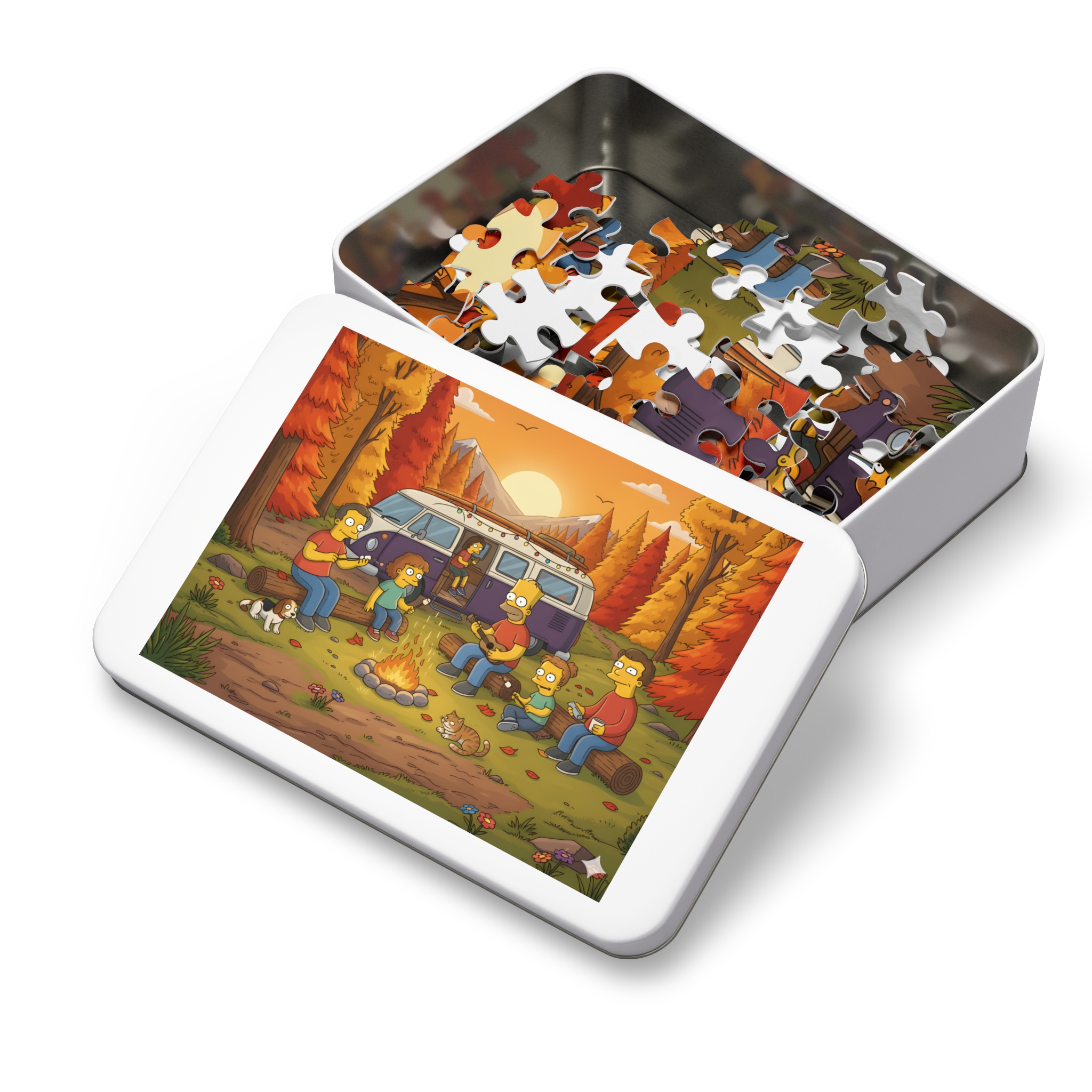 Jigsaw Puzzle with Tin — Autumn Van Bonfire Scene