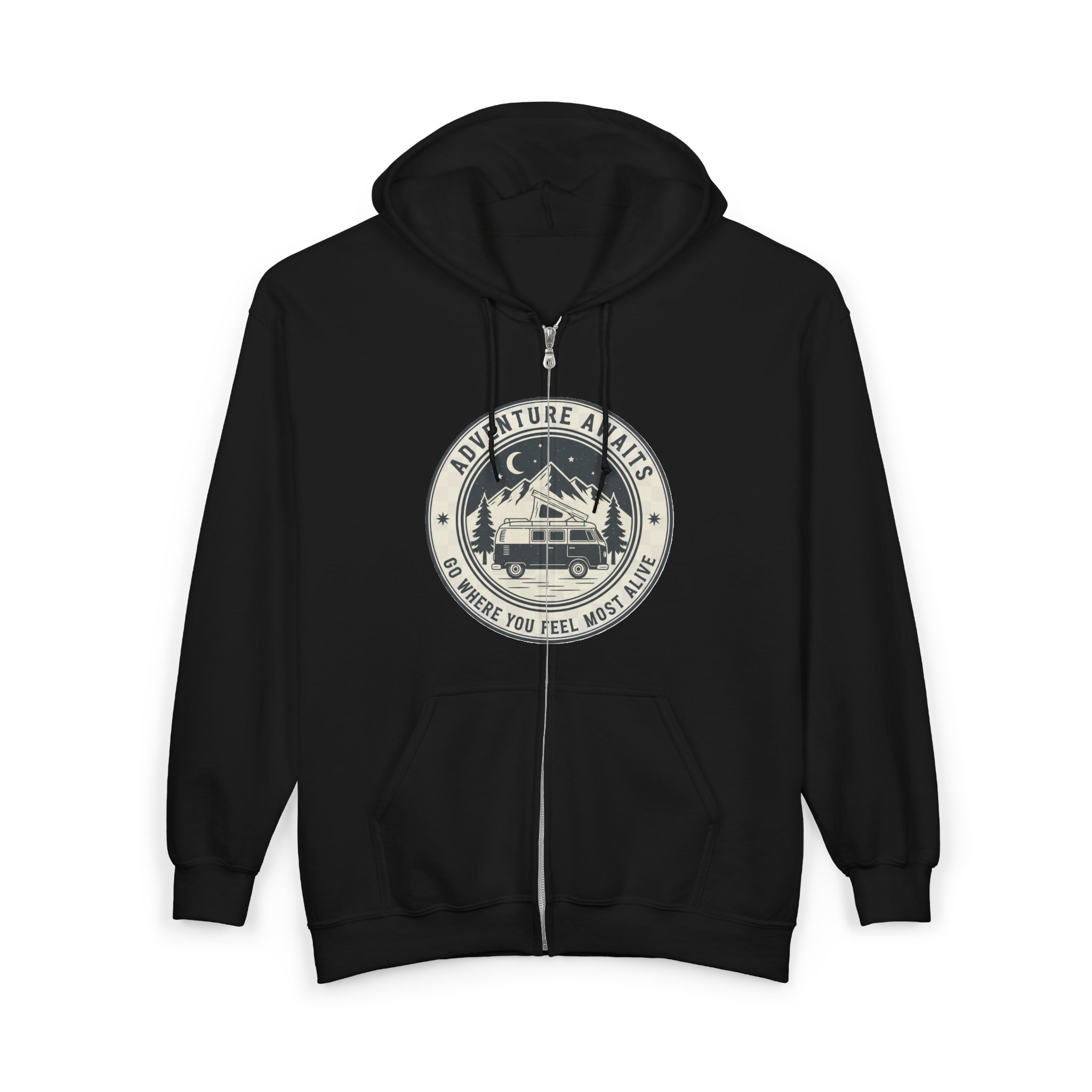 Zip Hoodie — "Adventure Awaits-Go Where You Feel Most Alive" (Only Front Printed) Camper Van Adventure Zip-Up