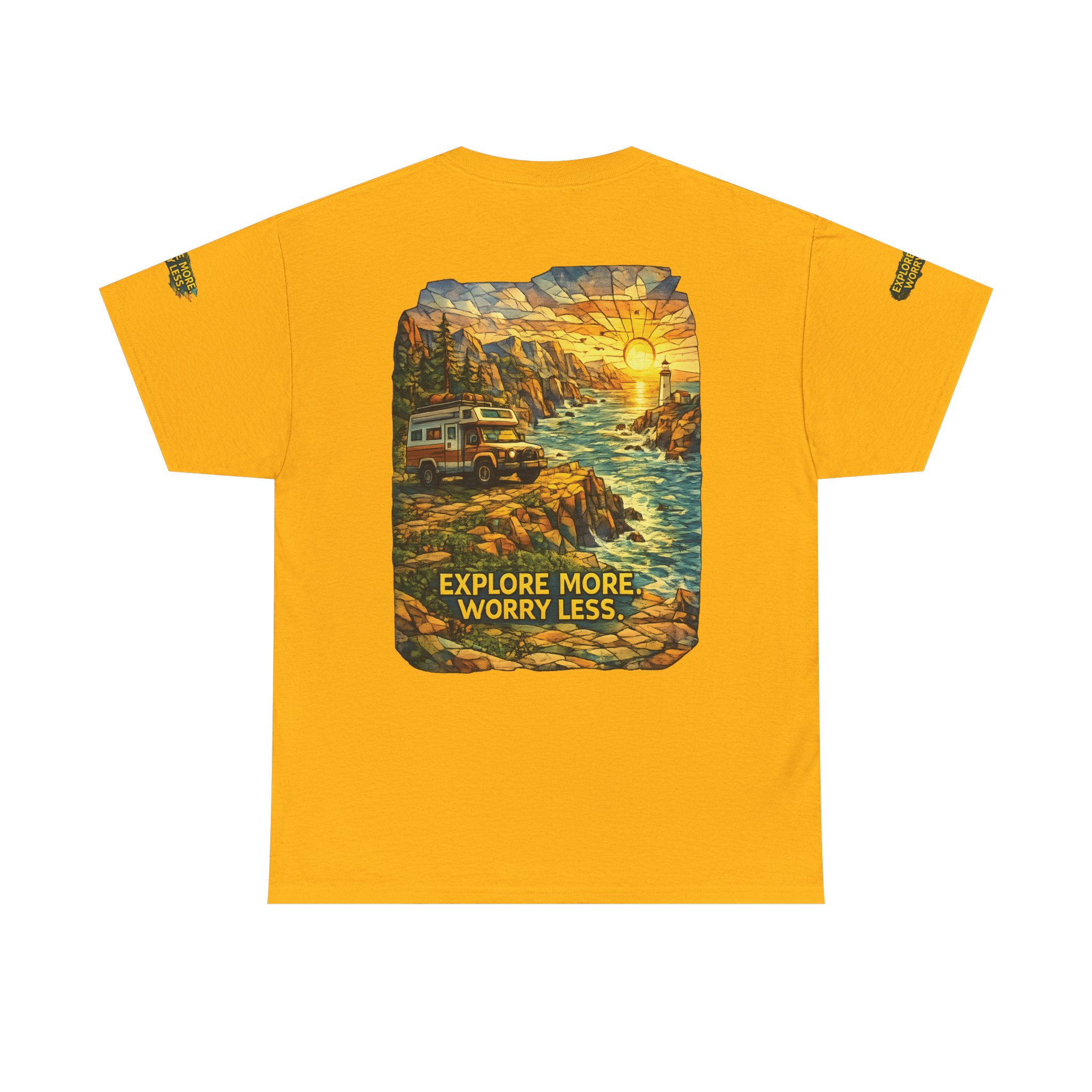 Unisex Heavy Cotton Tee — "Explore More Worry Less" Design Cubic-Line