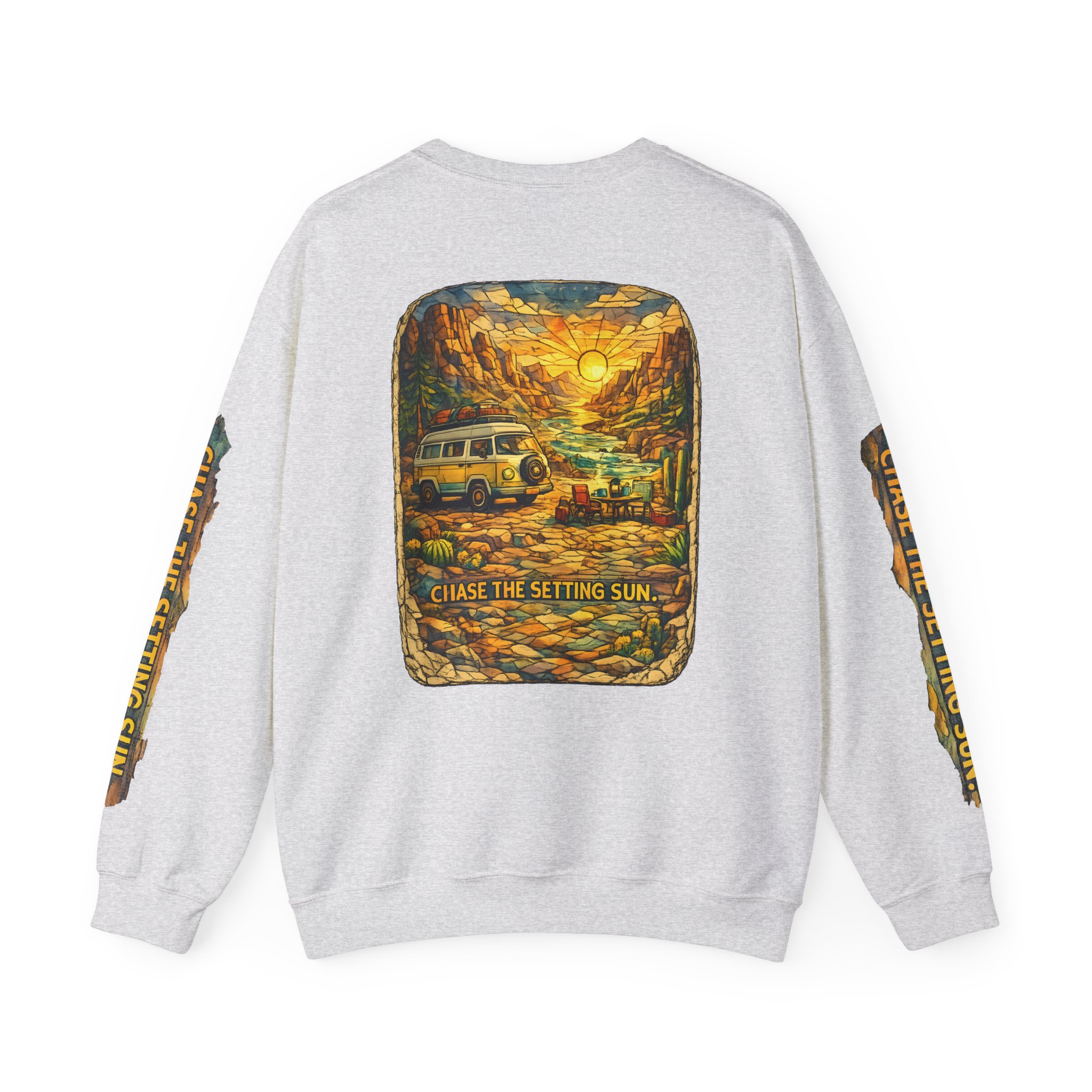 Unisex Heavy Blend™ Crewneck Sweatshirt — "Chase The Settings Sun" Design Cubic-Line