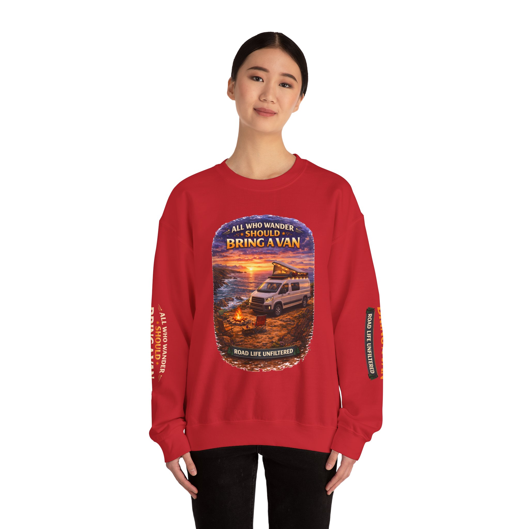 Unisex Heavy Blend™ Crewneck Sweatshirt — "All Who wander Should Bring A Van" Design Scenic-Line
