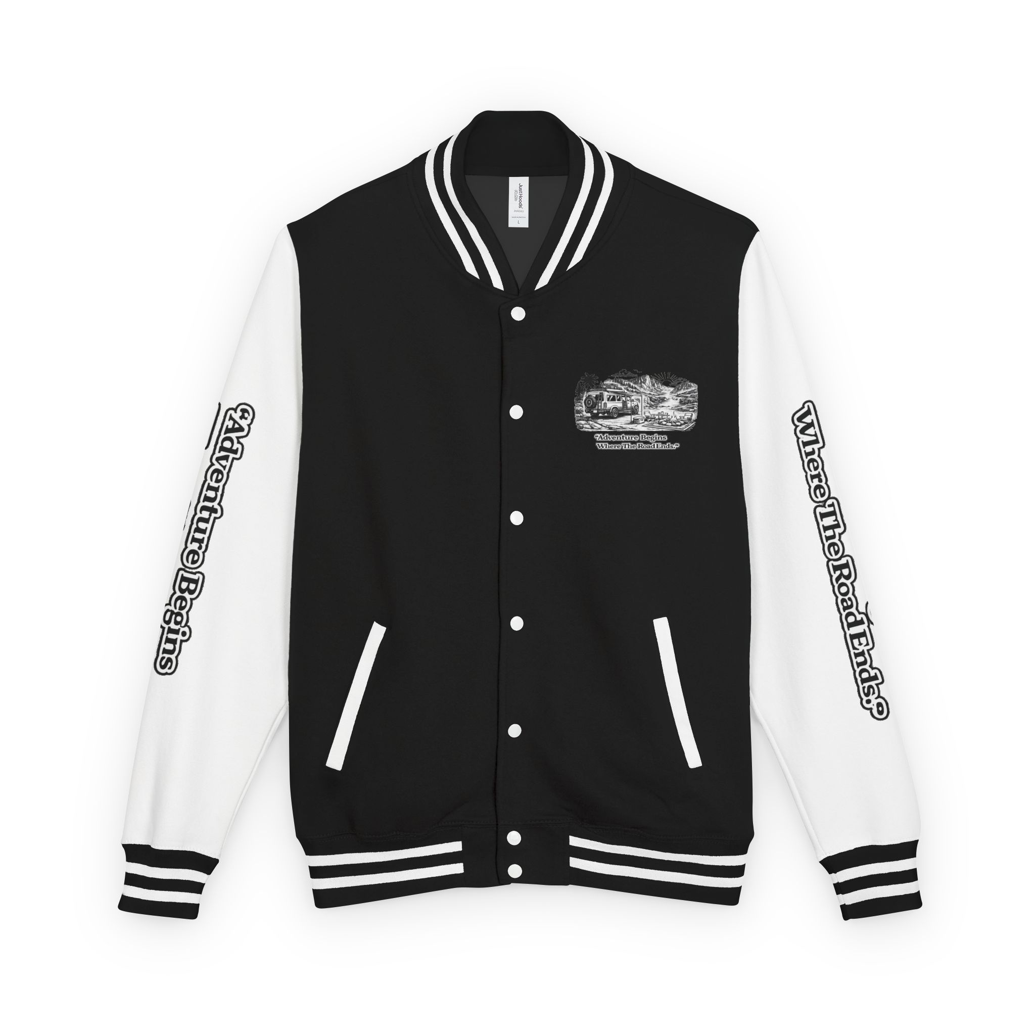 8329895529995768885_2048-1.jpeg Unisex Heavyweight Letterman Jacket — "Adventure Begins Where The Road Ends" Travel Varsity Coat