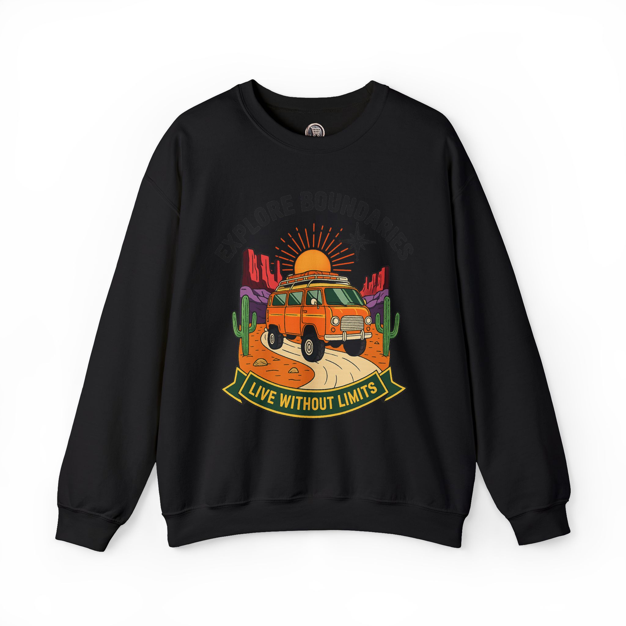 Crewneck Sweatshirt — “Explore Bounderies-Live Without Limits” Desert Road Trip Graphic