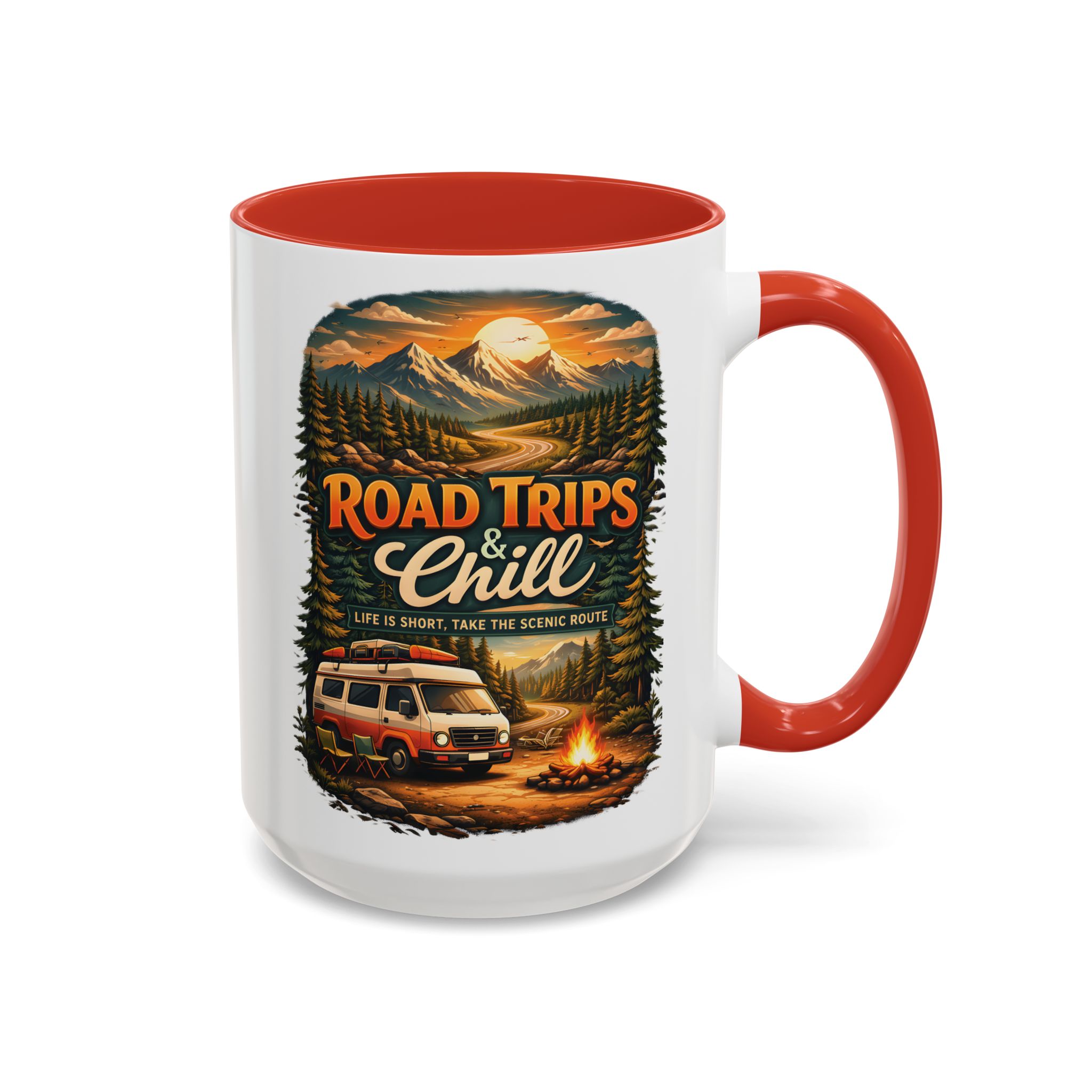 Accent Coffee Mug (11, 15oz) — "Road Trips & Chill" Design Scenic-Line