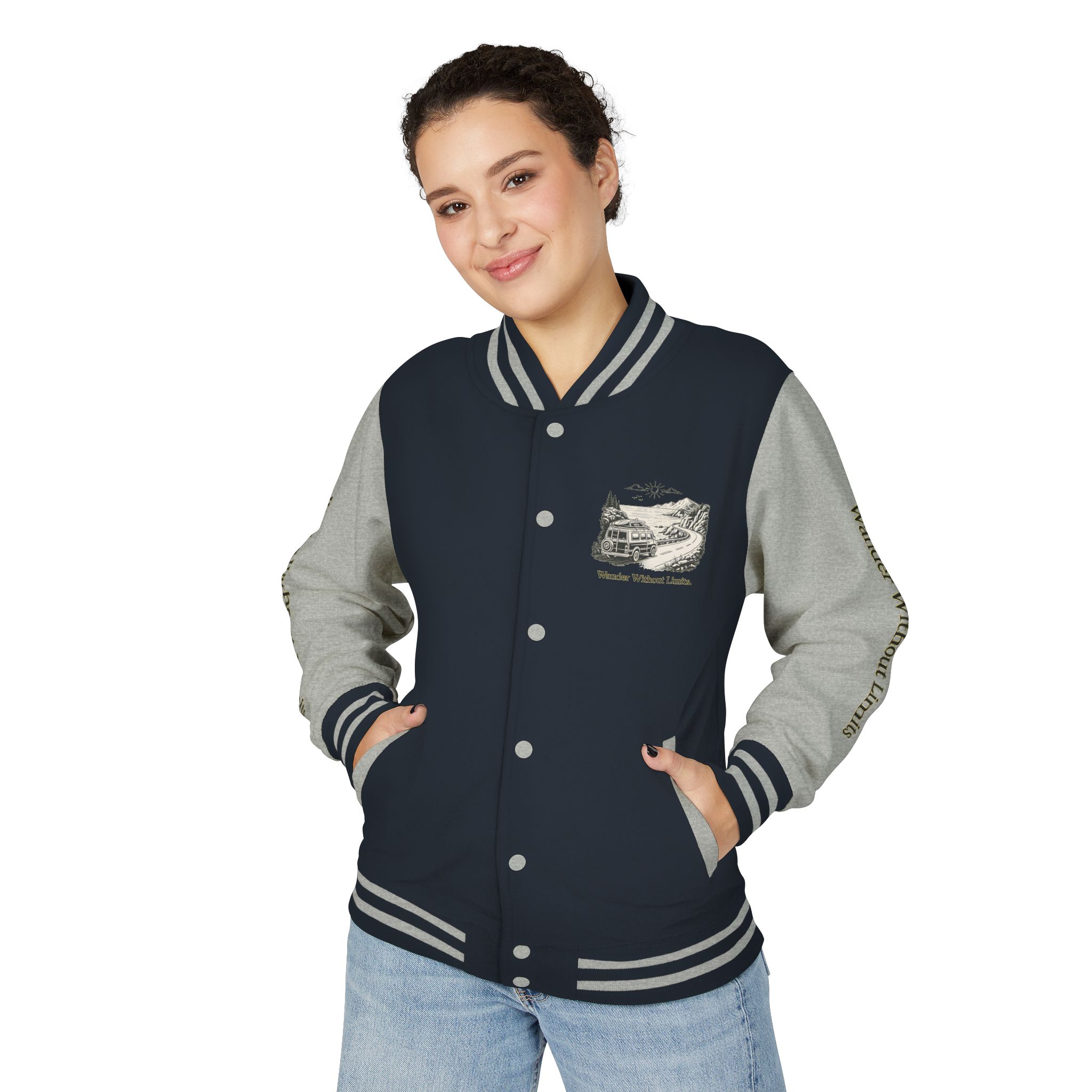 Unisex Heavyweight Letterman Jacket — "Wander Without Limits" Travel Varsity Coat