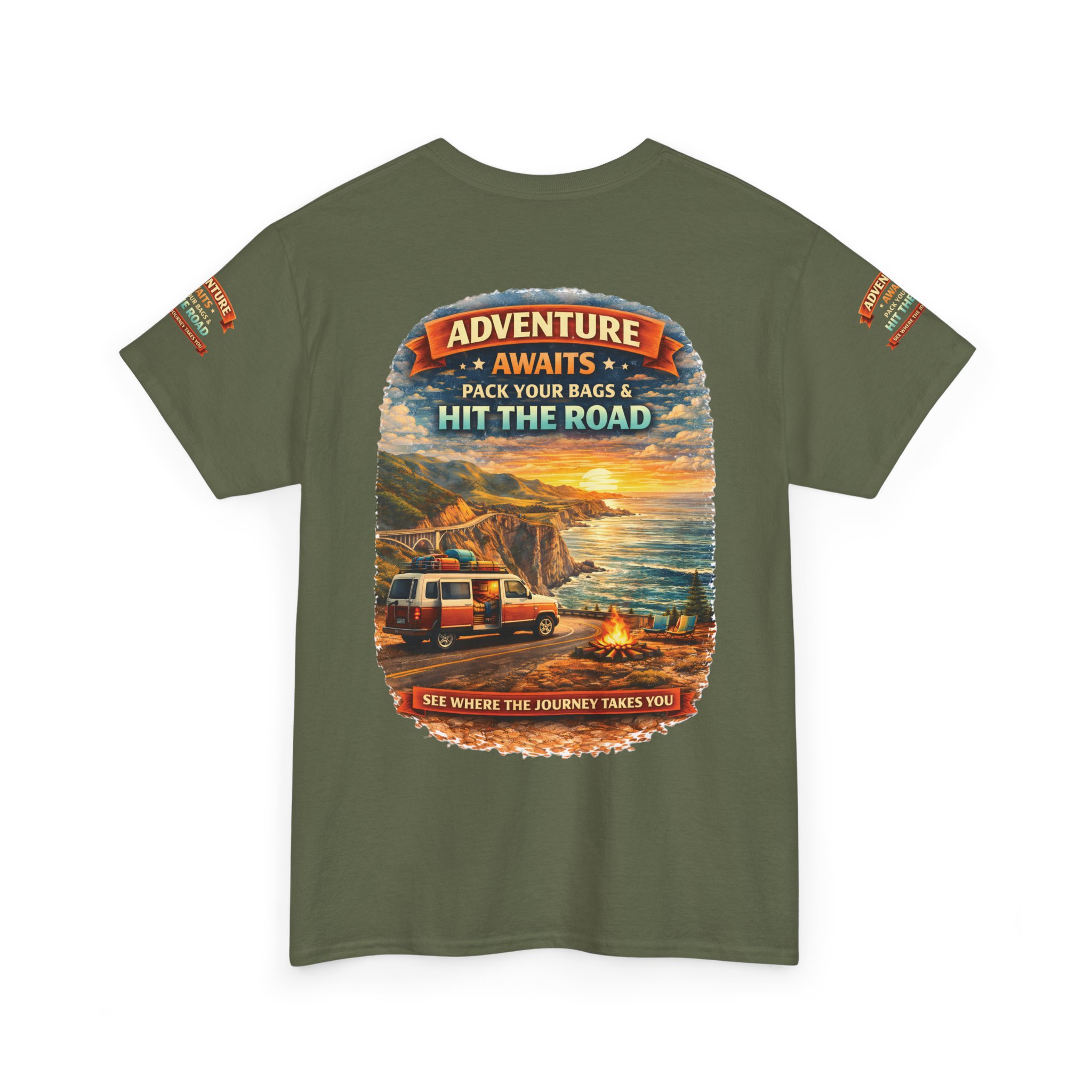 Unisex Heavy Cotton Tee — "Adventure Awaits-Pack Your Bags" Design Scenic-Line