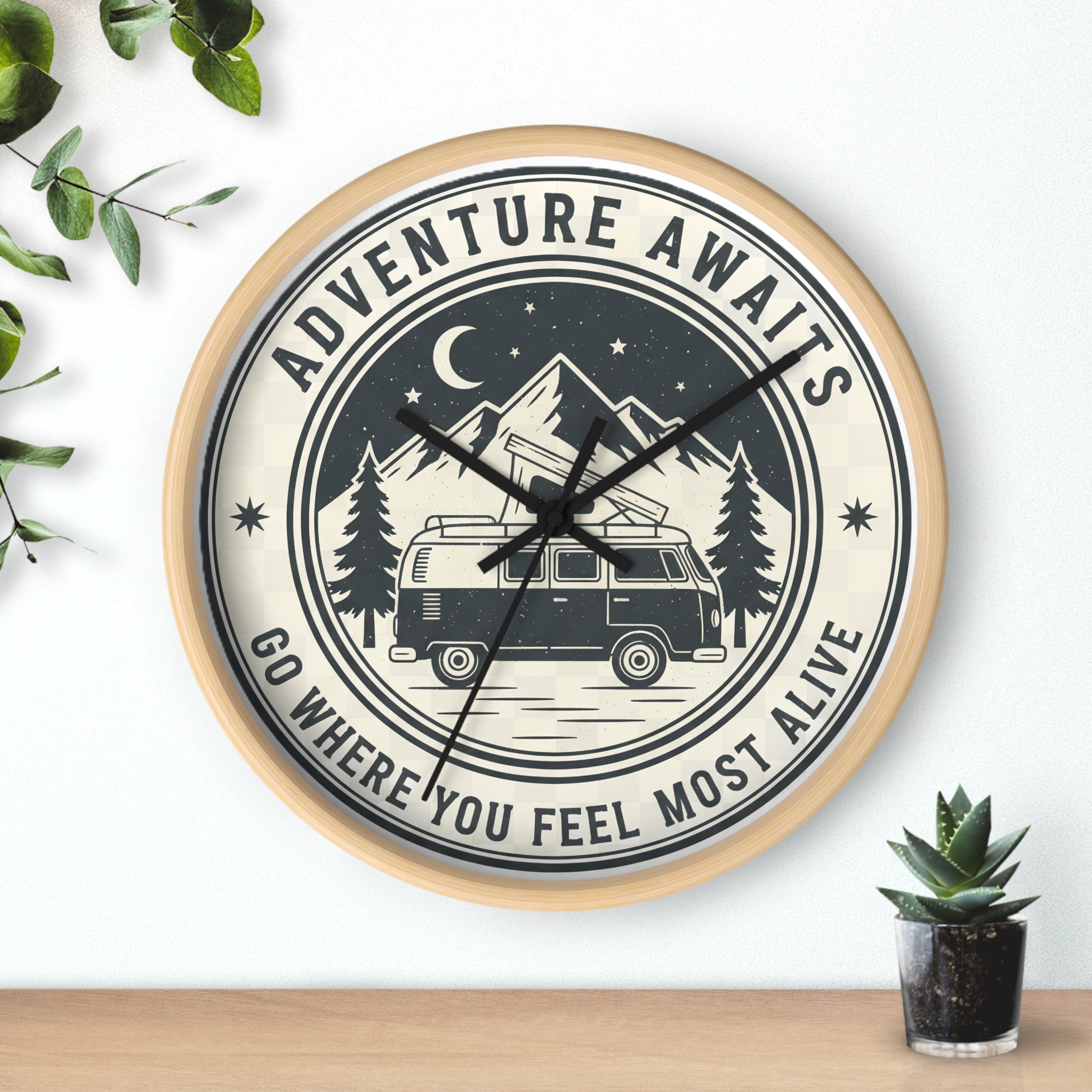 Wall Clock — "Adventure Awaits-Go Where You Feel Most Alive" Camper Van Mountain Travel Timepiece