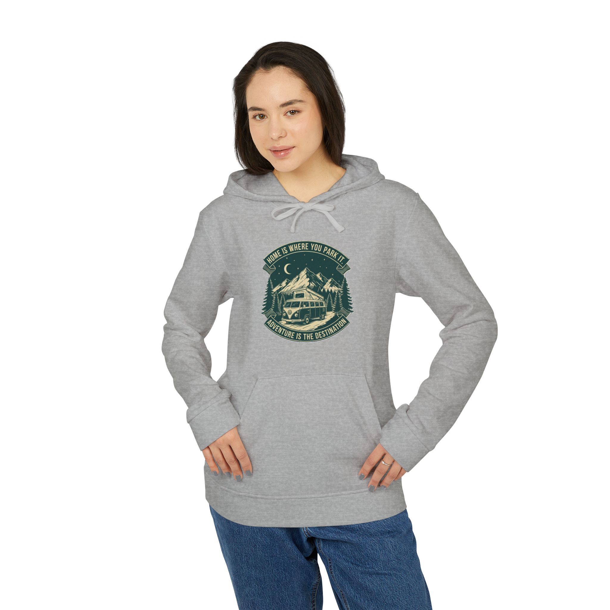 Hoodie(Adidas) — "Home Is Where You Park It-Adventure is the destination" Outdoor Travel Pullover (Only Front Printed)