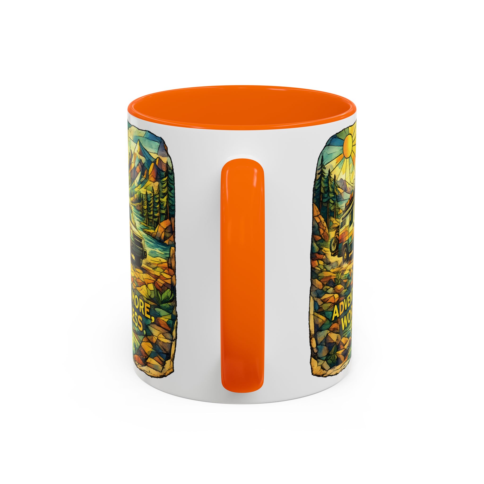 Accent Coffee Mug (11, 15oz) — "Adventure More Worry Less" Design Cubic-Line