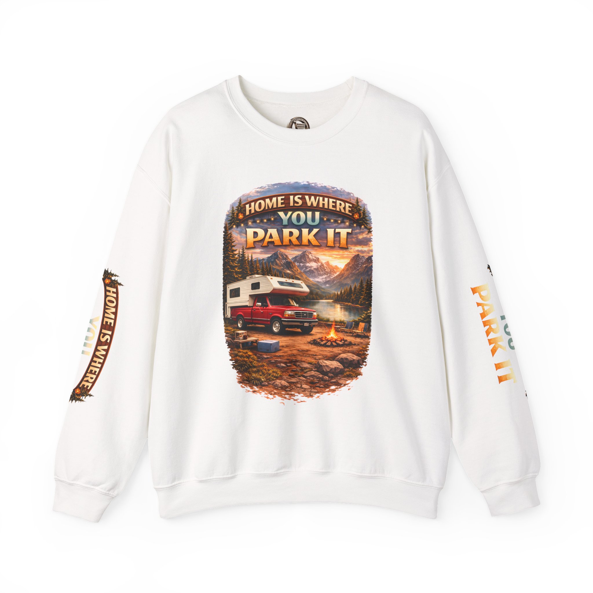 Unisex Heavy Blend™ Crewneck Sweatshirt — "Home Is Where You Park It" Design Scenic-Line