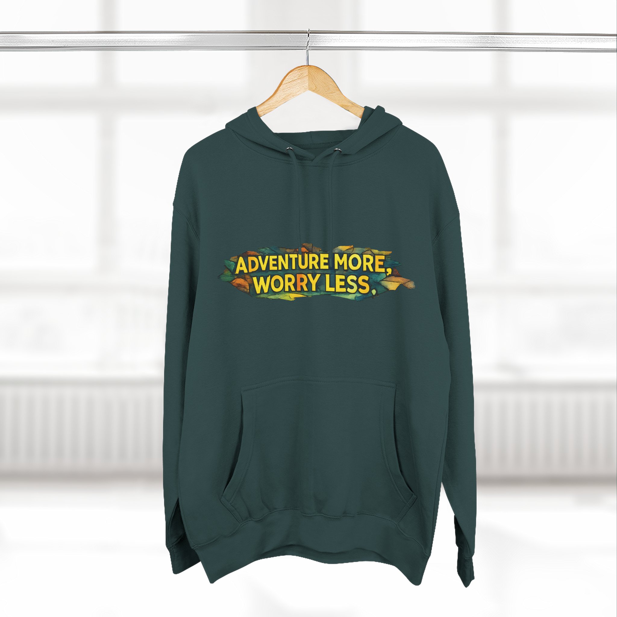 Three-Panel Fleece Hoodie - "Adventure More Worry Less" Design Cubic-Line