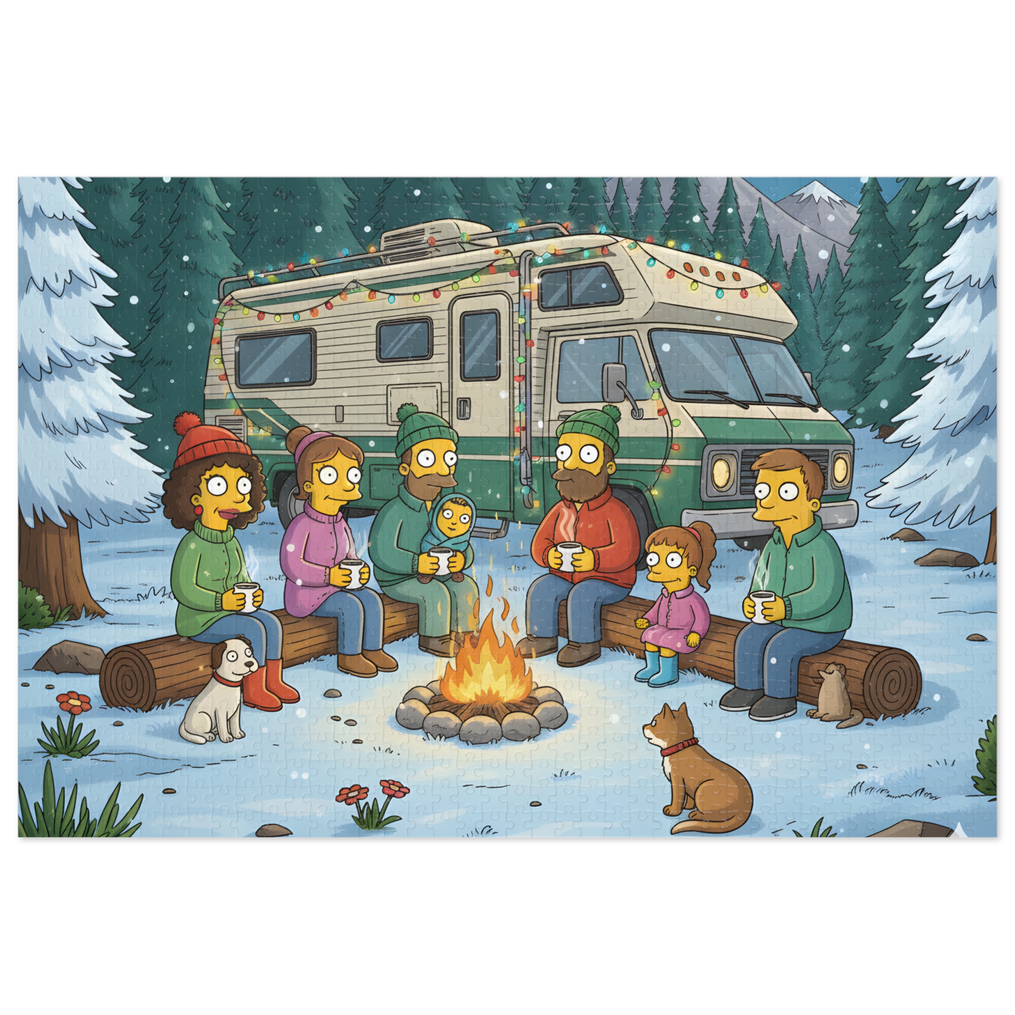 Jigsaw Puzzle with Tin — Cozy RV Winter Scene with Campfire