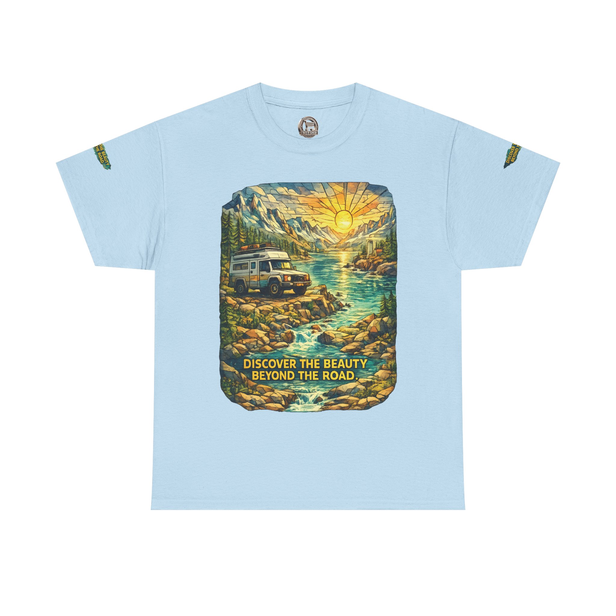 Unisex Heavy Cotton Tee — "Discover The Bieuty Beyond The Road" Design Cubic-Line