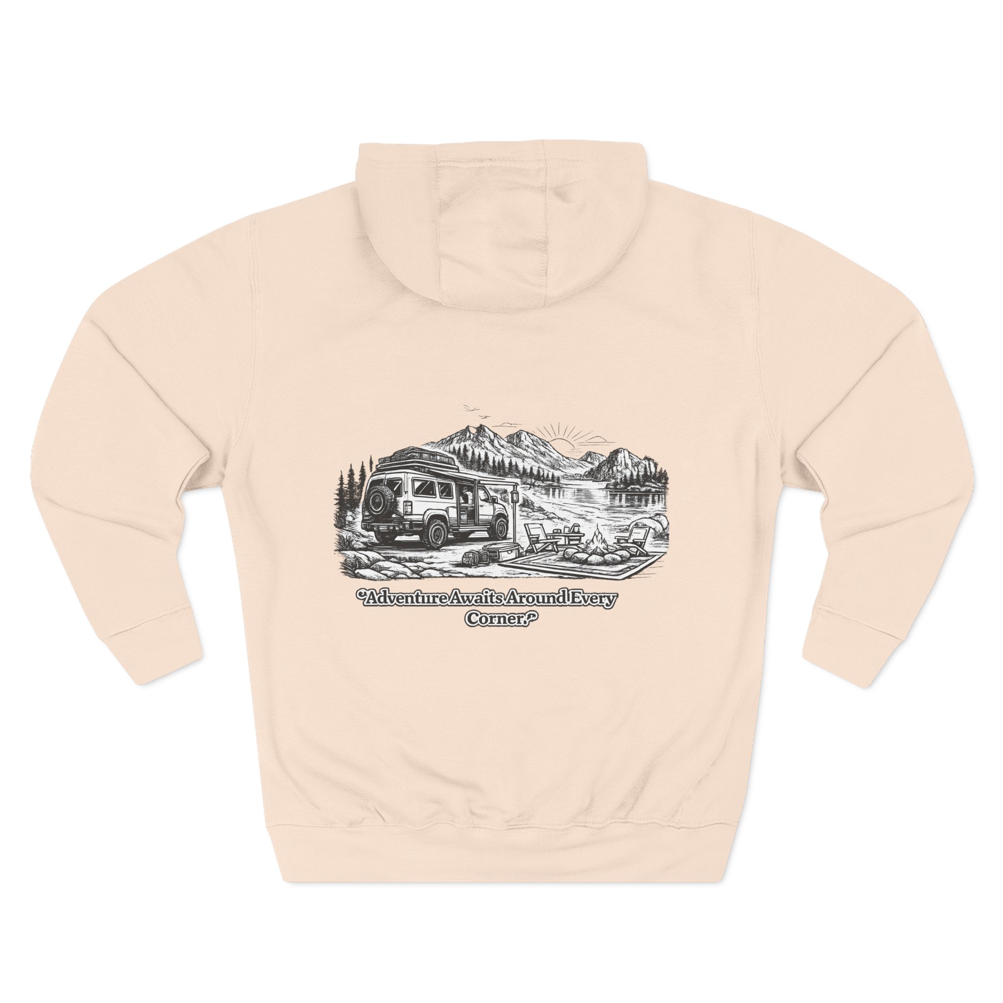 8412706777960402379_2048.jpeg Three-Panel Fleece Hoodie - "Adventure Awaits Around Every Corner" Design Minimal-Line