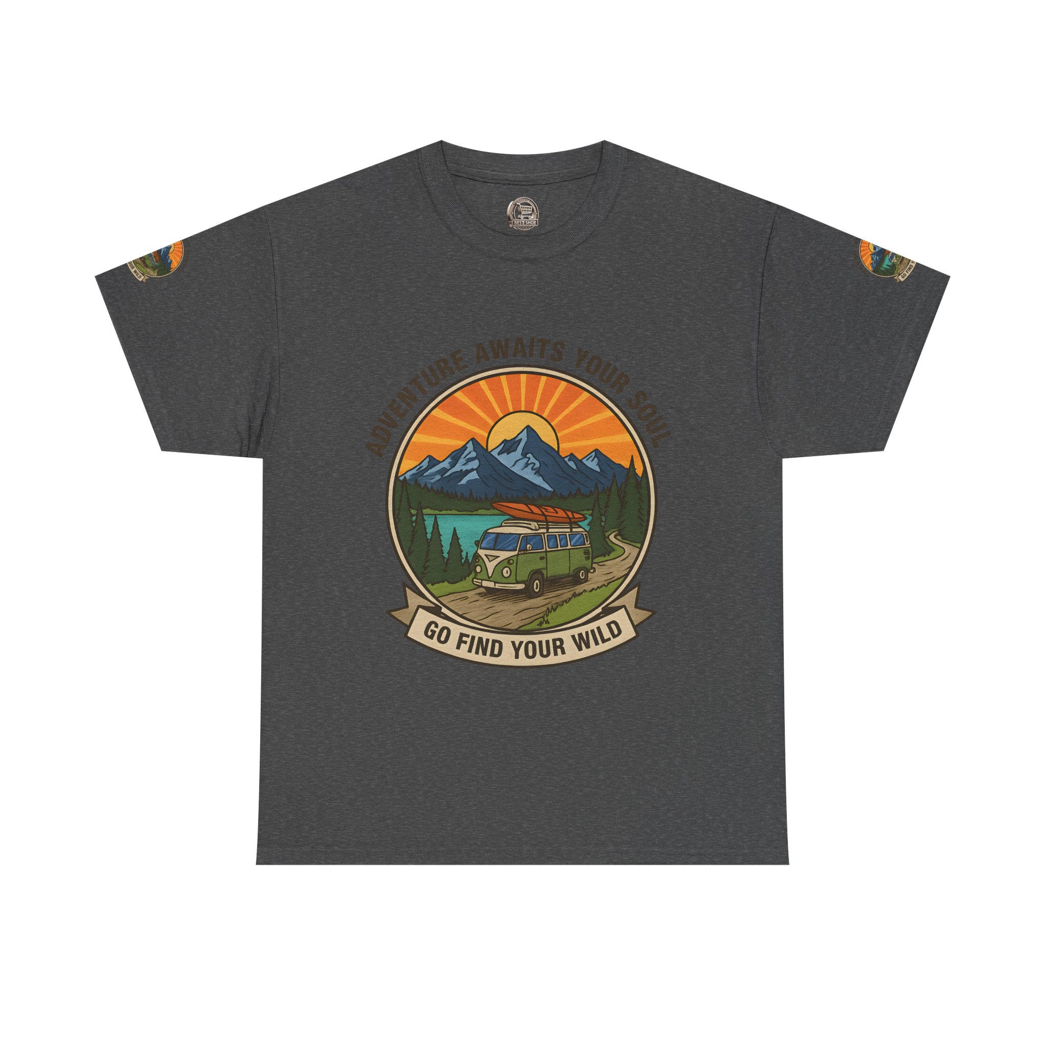 Unisex Heavy Cotton Tee — “Adventure Awaits Your Soul: Go Find Your Wild” Van & Mountain Graphic