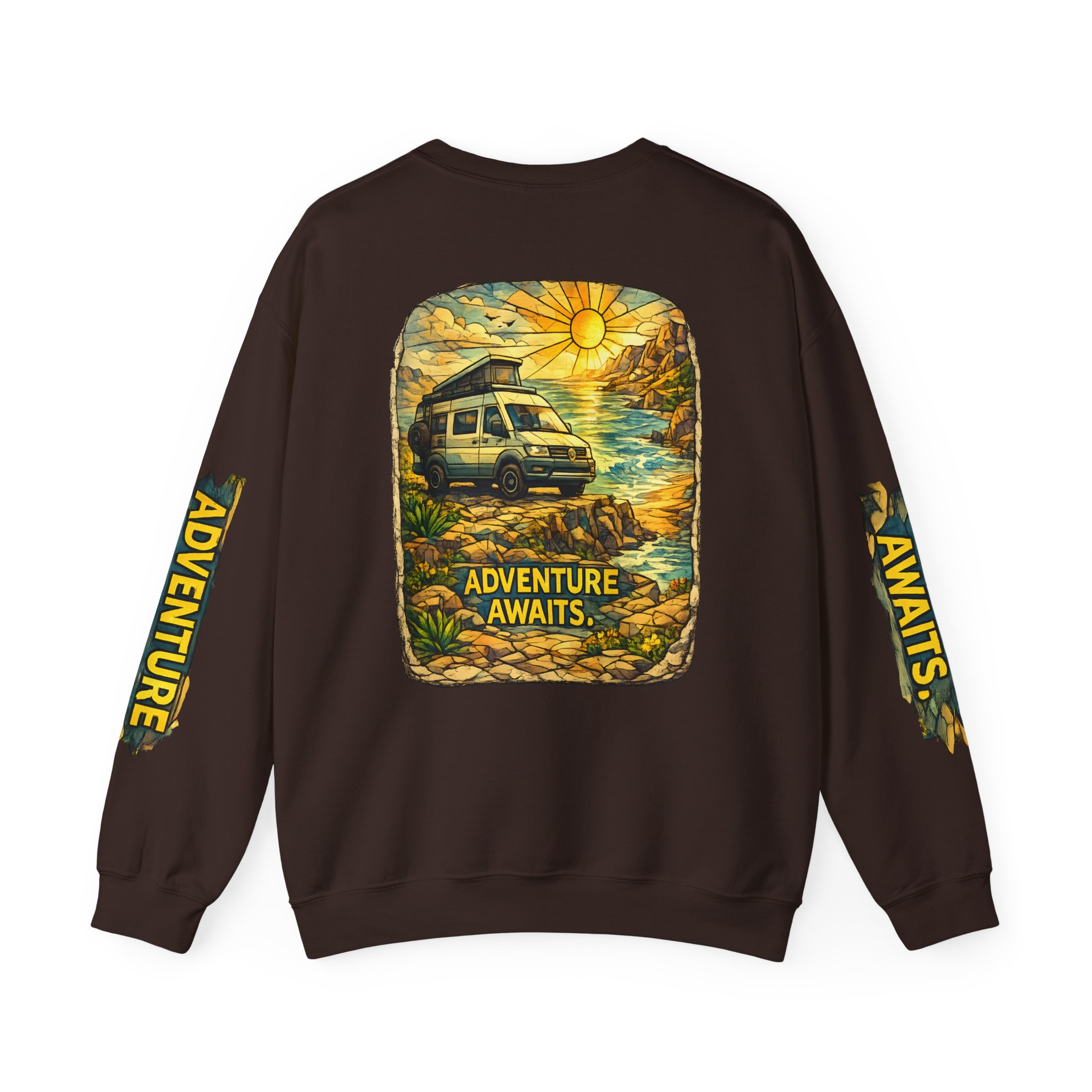 Unisex Heavy Blend™ Crewneck Sweatshirt — "Adventure Awaits" Design Cubic-Line