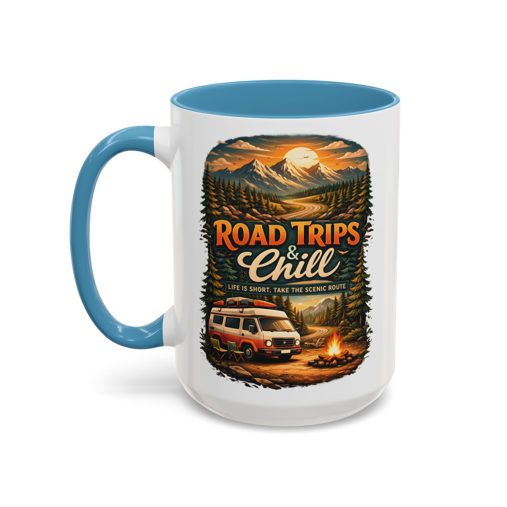 Accent Coffee Mug (11, 15oz) — "Road Trips & Chill" Design Scenic-Line