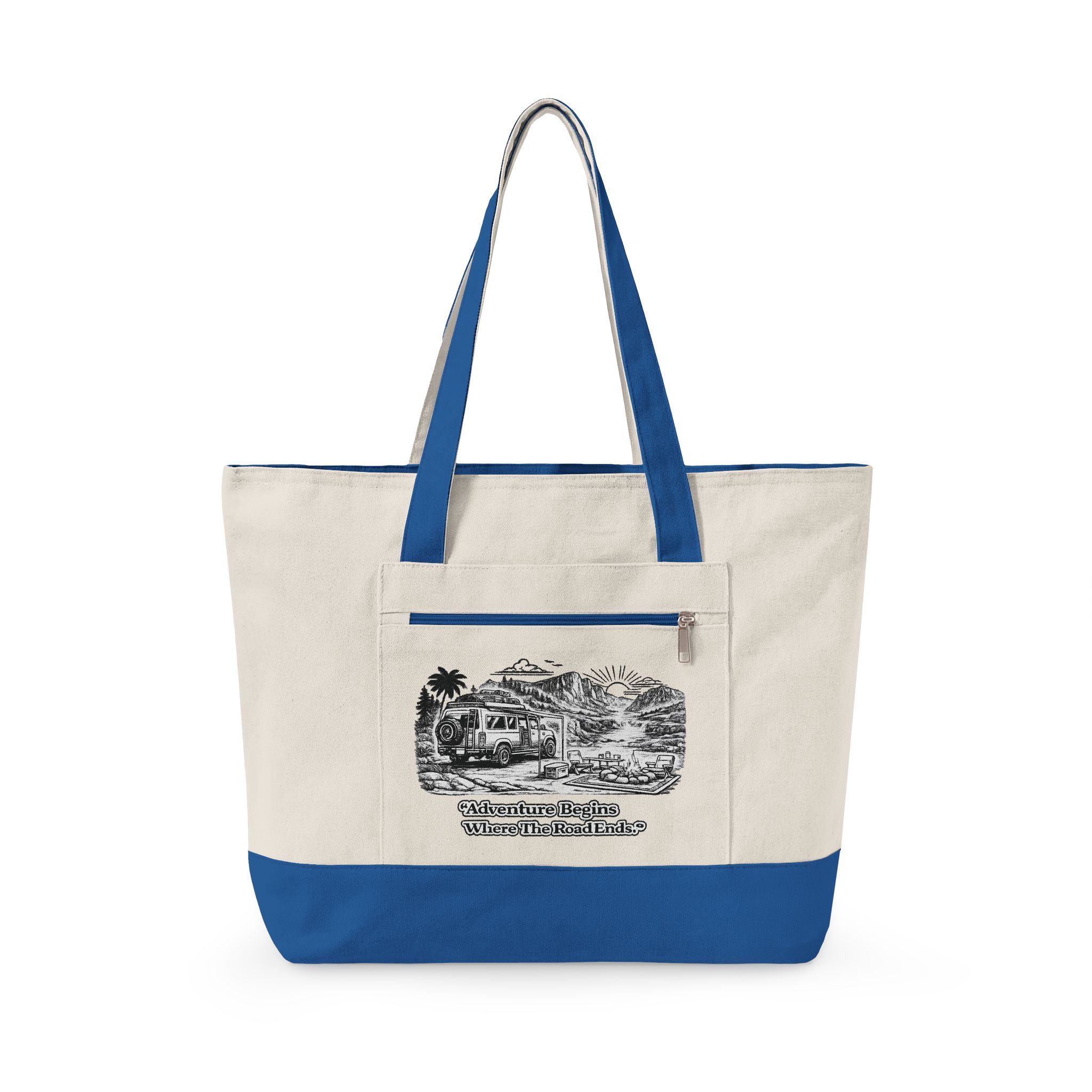 Zippered Canvas Tote — "Adventure Begins Where the Road Ends" (Design Minimal-Line)