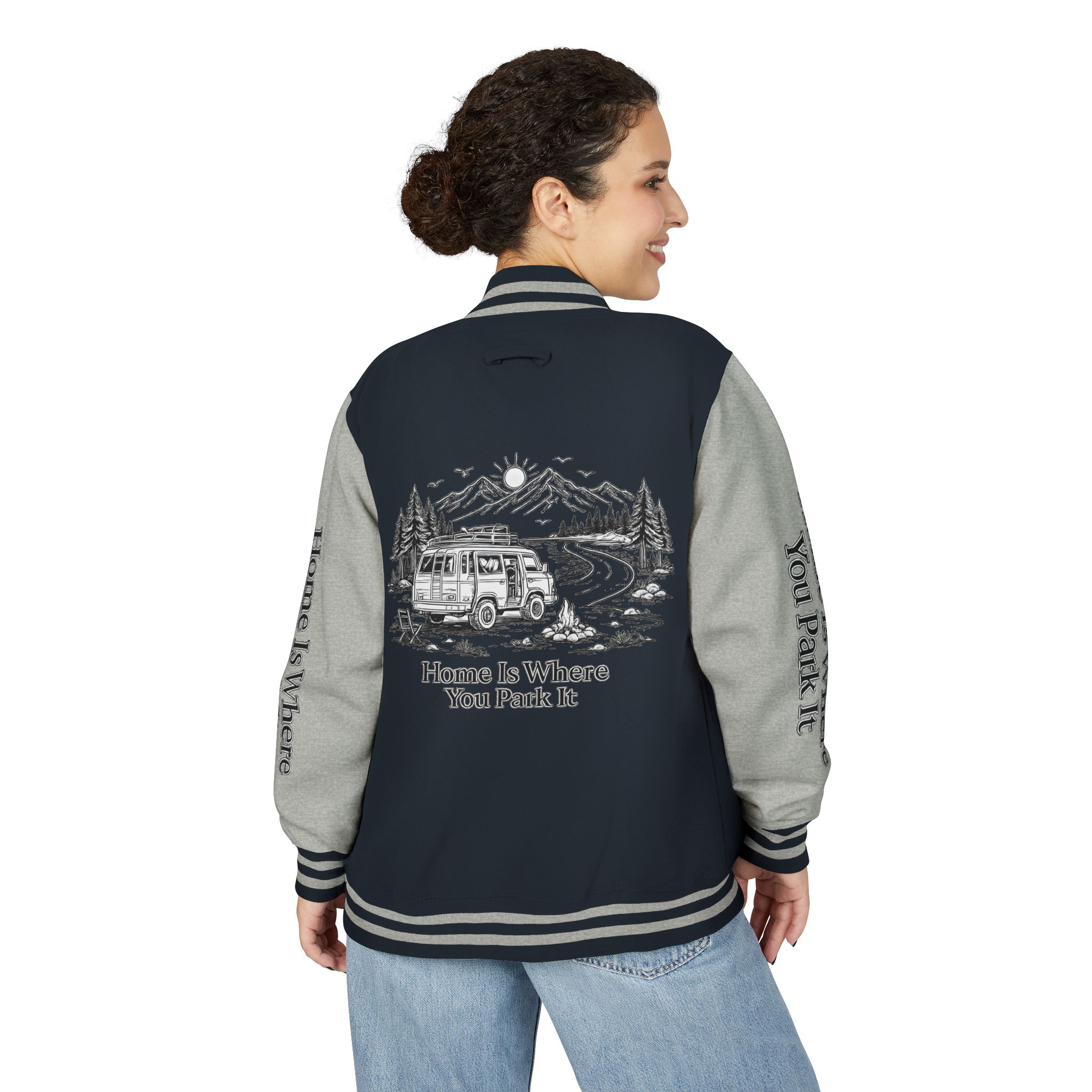 Unisex Heavyweight Letterman Jacket — "Home Is Where You Park It" Travel Varsity Coat