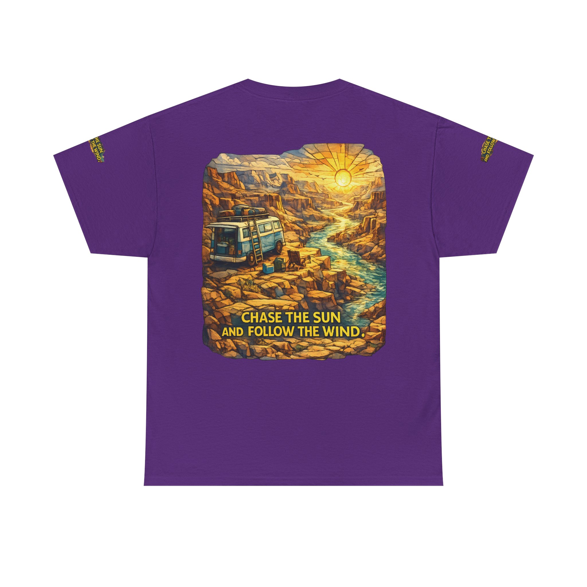8474132598163479809_2048.jpeg Unisex Heavy Cotton Tee — "Chase The Sun And Follow The Wind" Design Cubic-Line