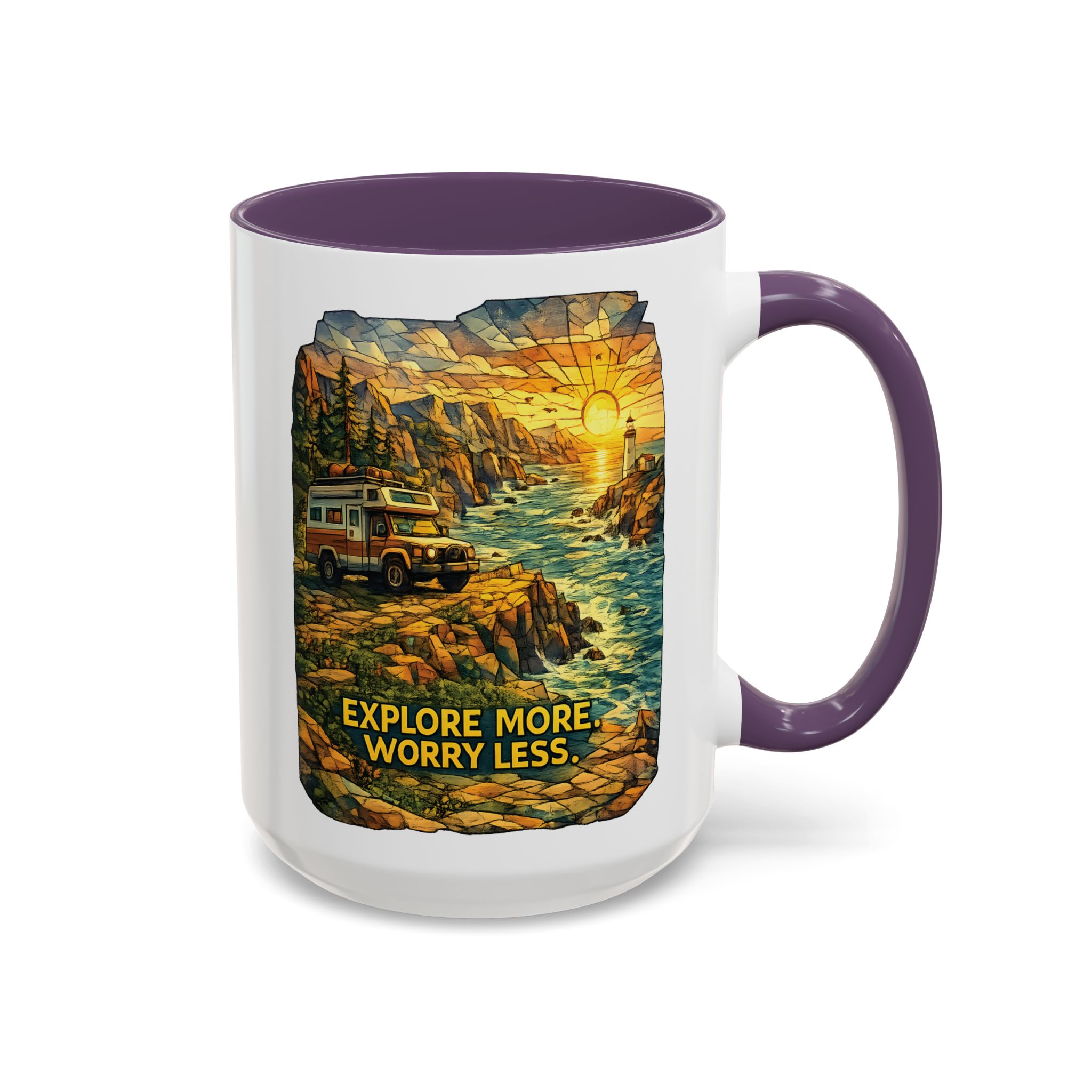 Accent Coffee Mug (11, 15oz) — "Explore More Worry Less" Design Cubic-Line