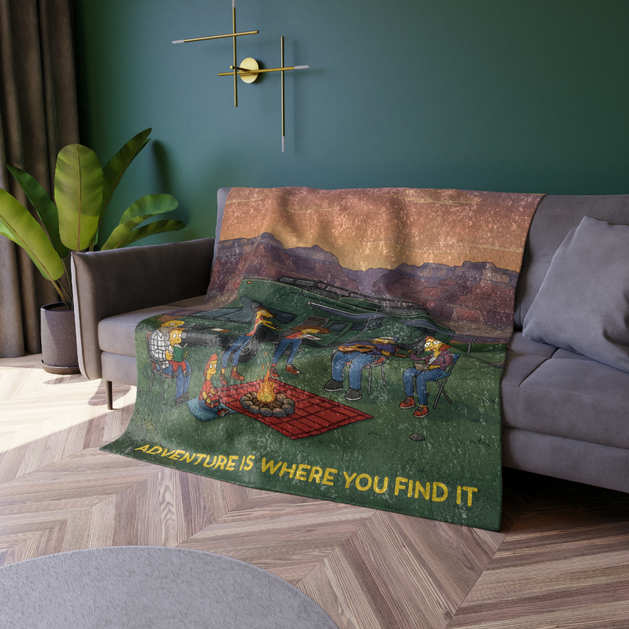 Crushed Velvet Blanket —"Adventure Is Where You Find It" Design Sitcom-Line (Campervan)