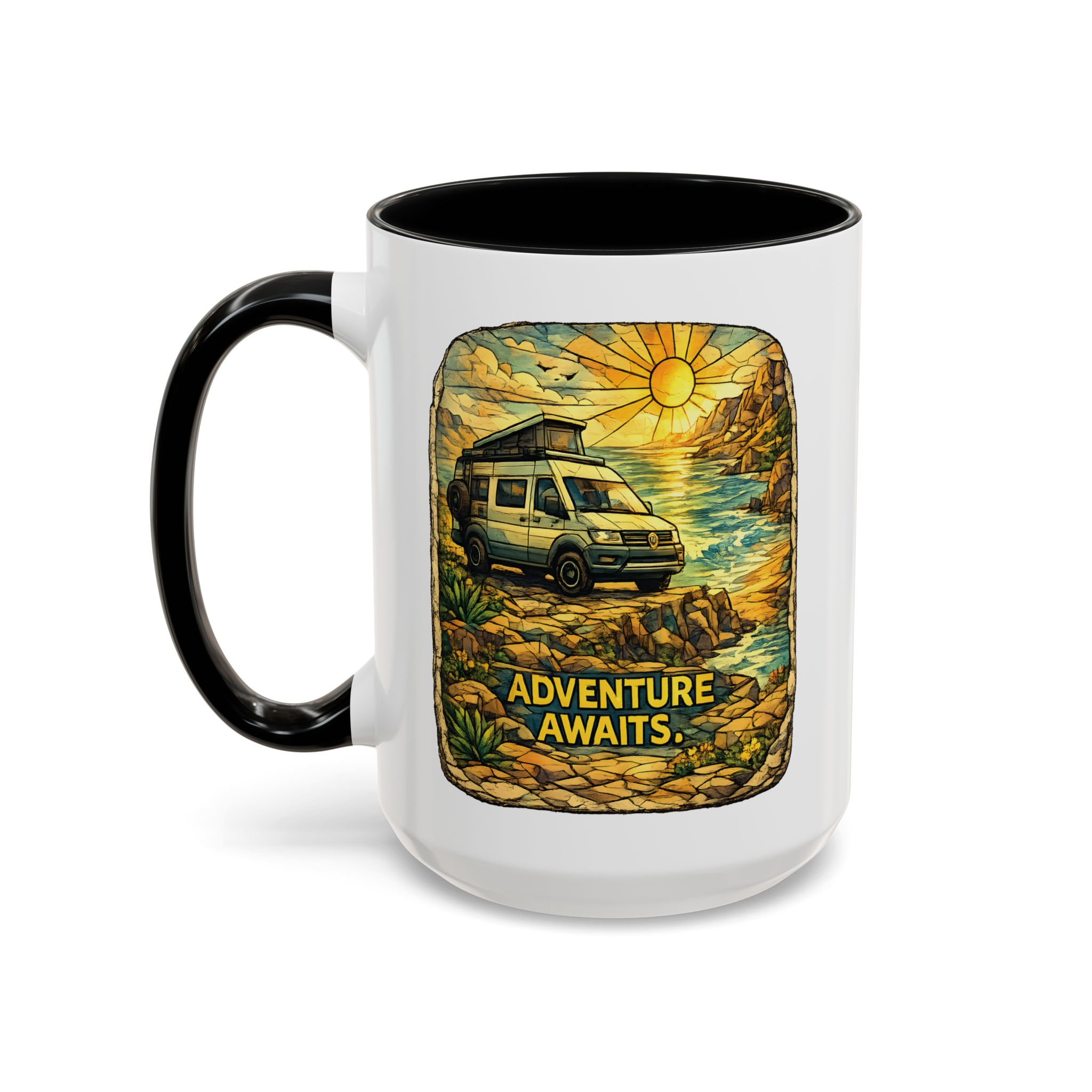 Accent Coffee Mug (11, 15oz) — "Adventure Awaits" Design Cubic-Line