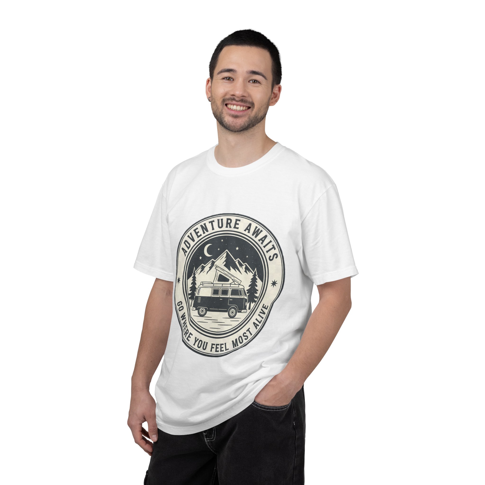 T-Shirt — "Adventure Awaits-Go Where You Feel Most Alive" (Only Front Printed) Outdoor Travel Tee