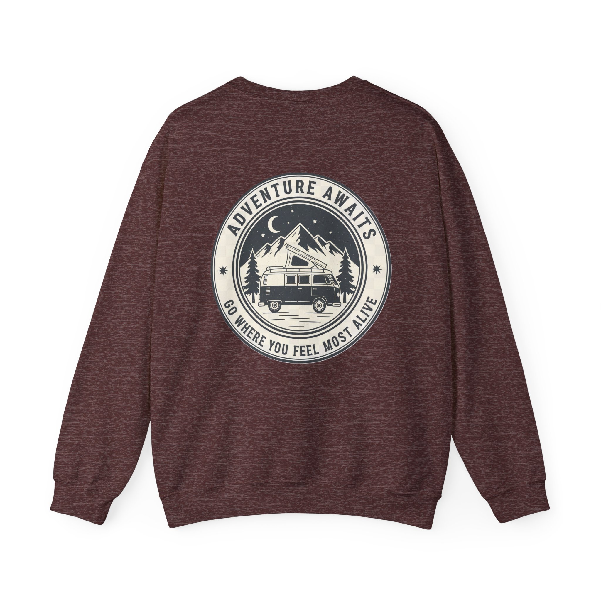 8491890807797633616_2048.jpeg Crewneck Sweatshirt — "Adventure Awaits-Go Where You Feel Most Alive" (Only Back printed) Vintage Camper Van Outdoor Graphic