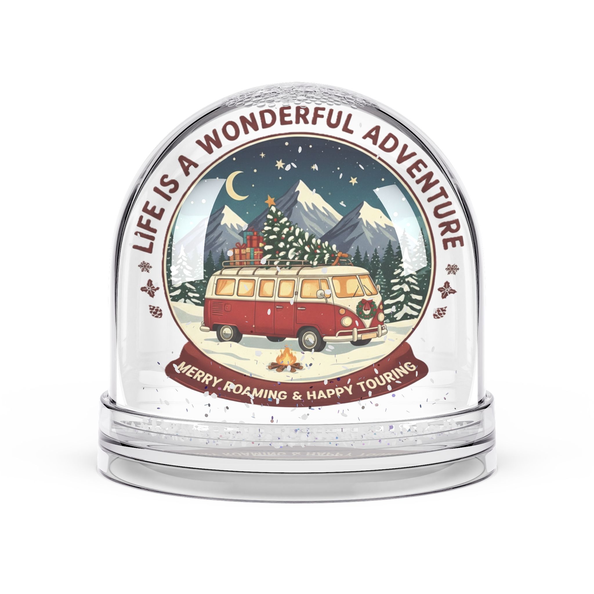 Snow Globe – 'Life Is a Wonderful Adventure-Merry Roaming And Happy Touring' Retro Van Winter Holiday Snow Globe