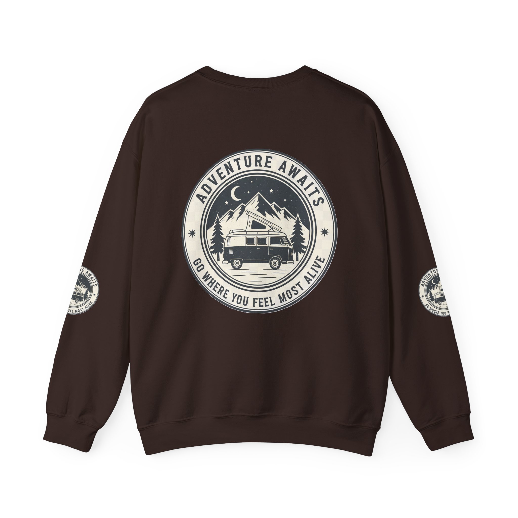8508162305049598776_2048.jpeg Crewneck Sweatshirt — "Adventure Awaits-Go Where You Feel Most Alive" (Font + Back + Sleaves printed) Vintage Camper Van Outdoor Graphic