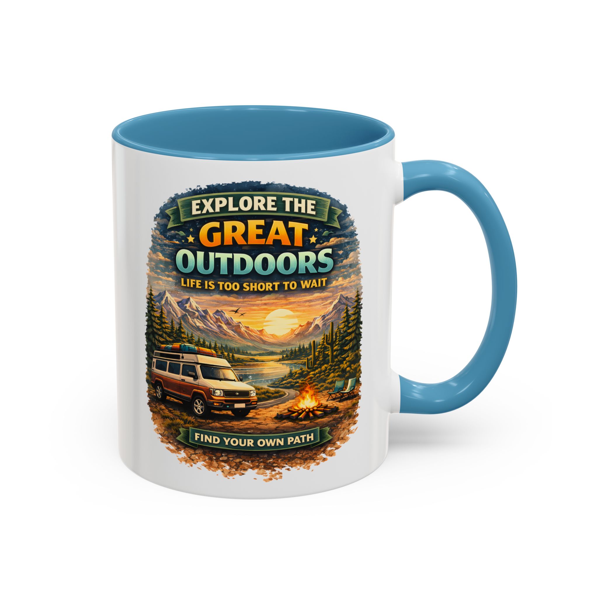 Accent Coffee Mug (11, 15oz) — "Explore The Great Outdoors" Design Scenic-Line