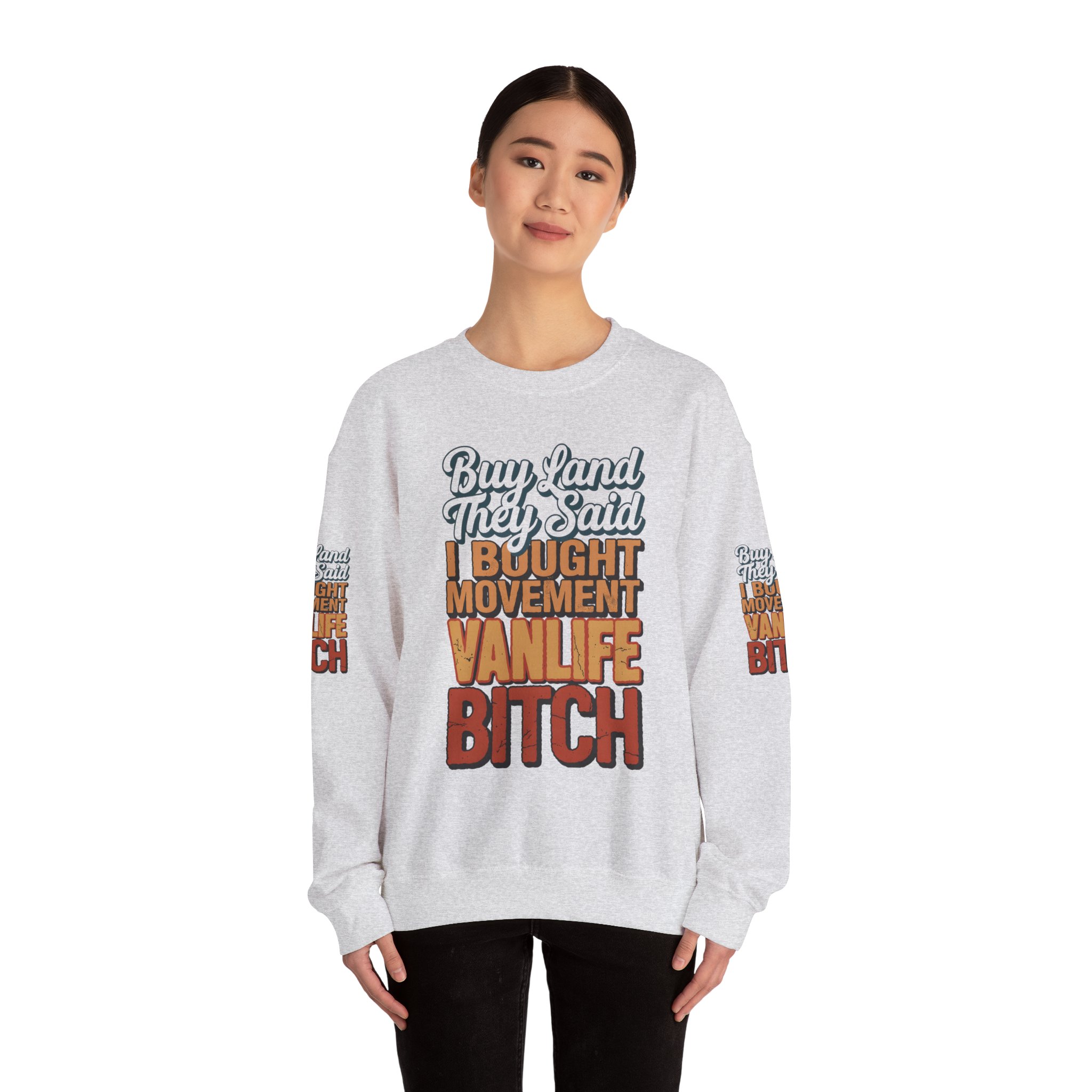 Unisex Heavy Blend™ Crewneck Sweatshirt — "Buy Land They Said" Design F**K-Line