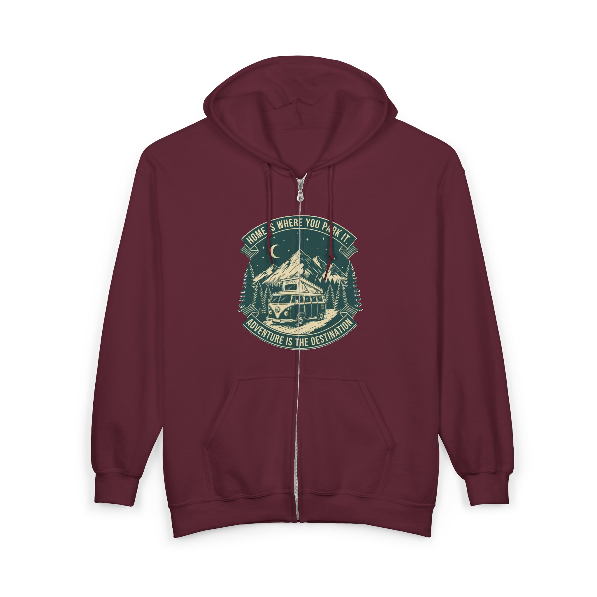 Zip Hoodie — "Home Is Where You Park It-Adventure is the destination"(Only Front Printed) Camper Van Adventure Zip-Up