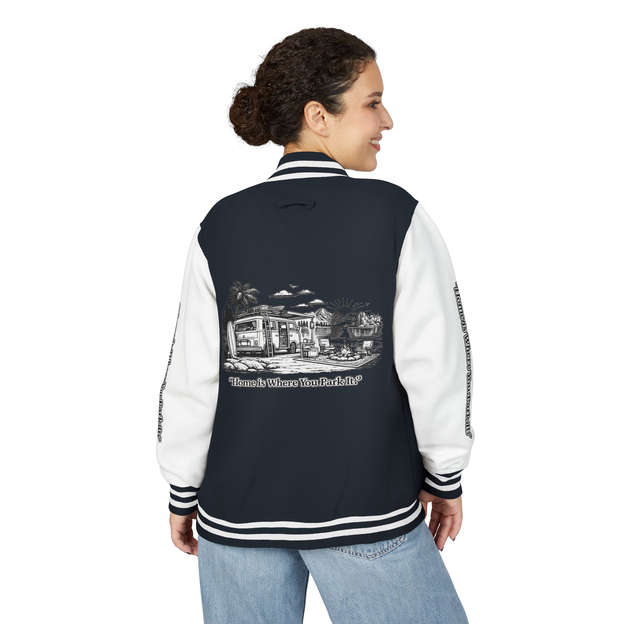 8528444134756646905_2048-1.jpeg Unisex Heavyweight Letterman Jacket — "Home Is Where You Park It" Travel Varsity Coat