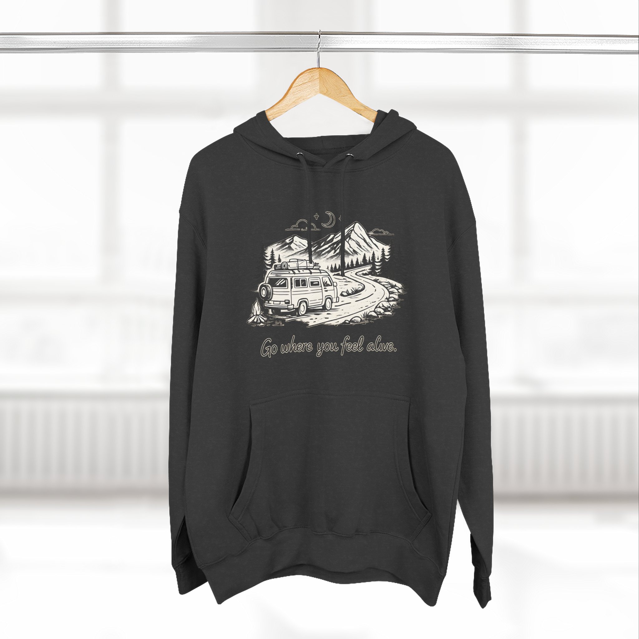 Three-Panel Fleece Hoodie - "Go Where You Feel Alive" Design Minimal-Line
