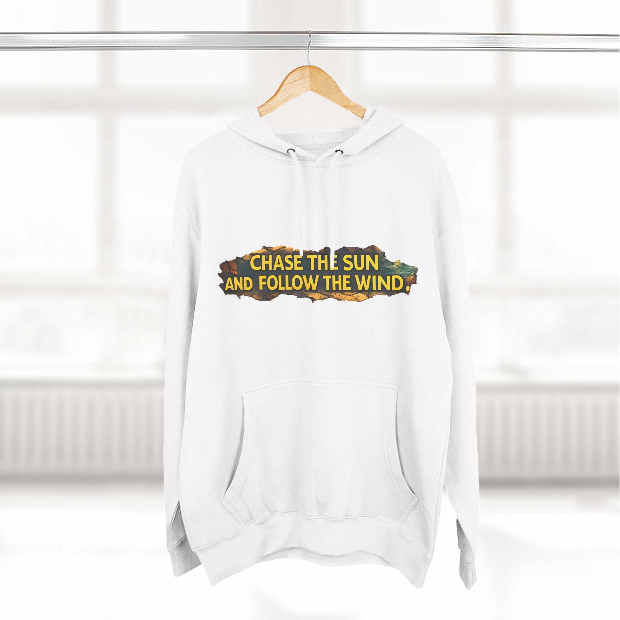 Three-Panel Fleece Hoodie - "Chase The Sun And Follow The Wind" Design Cubic-Line