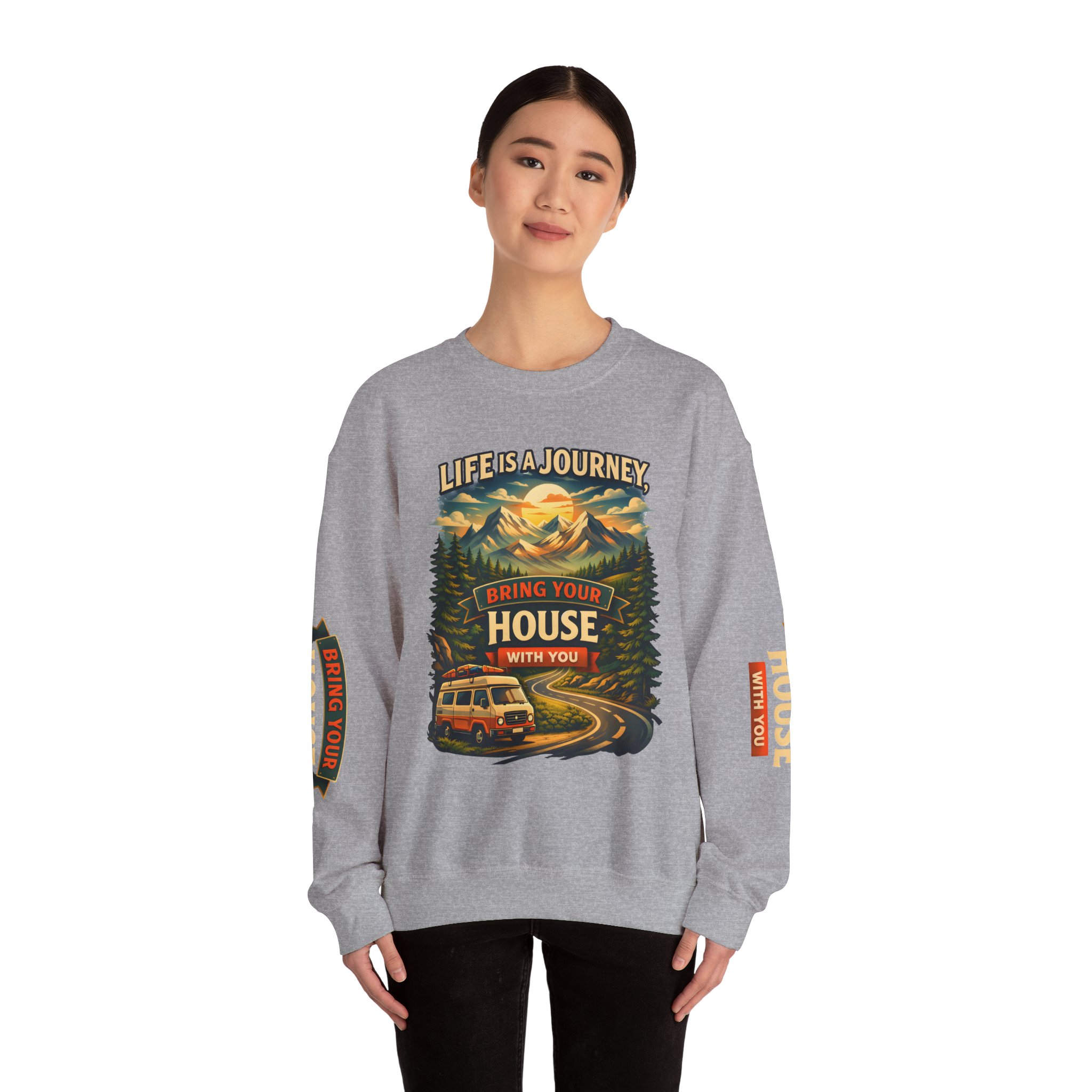 Unisex Heavy Blend™ Crewneck Sweatshirt — "Live Is A Journey-Bring Your House With You" Design Scenic-Line