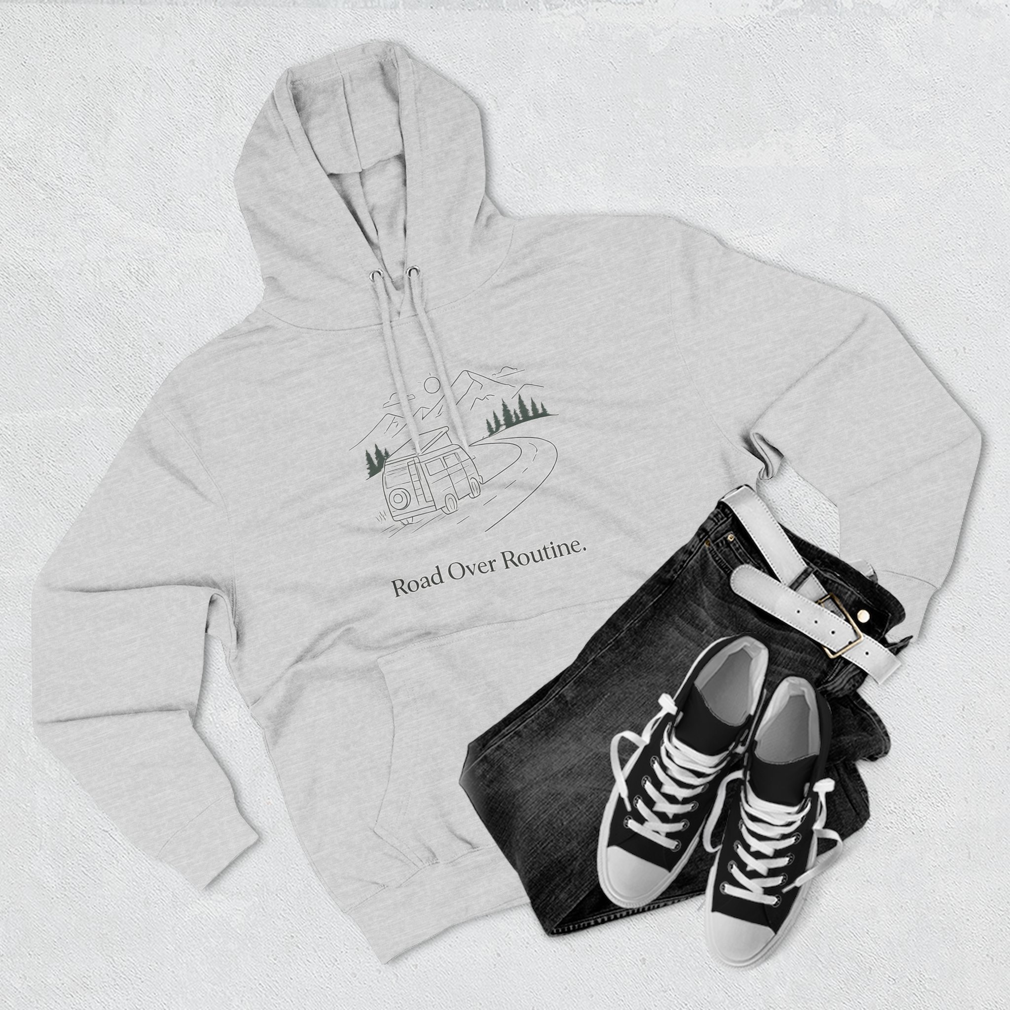 Three-Panel Fleece Hoodie - "Road Over Routine" Design Minimal-Line