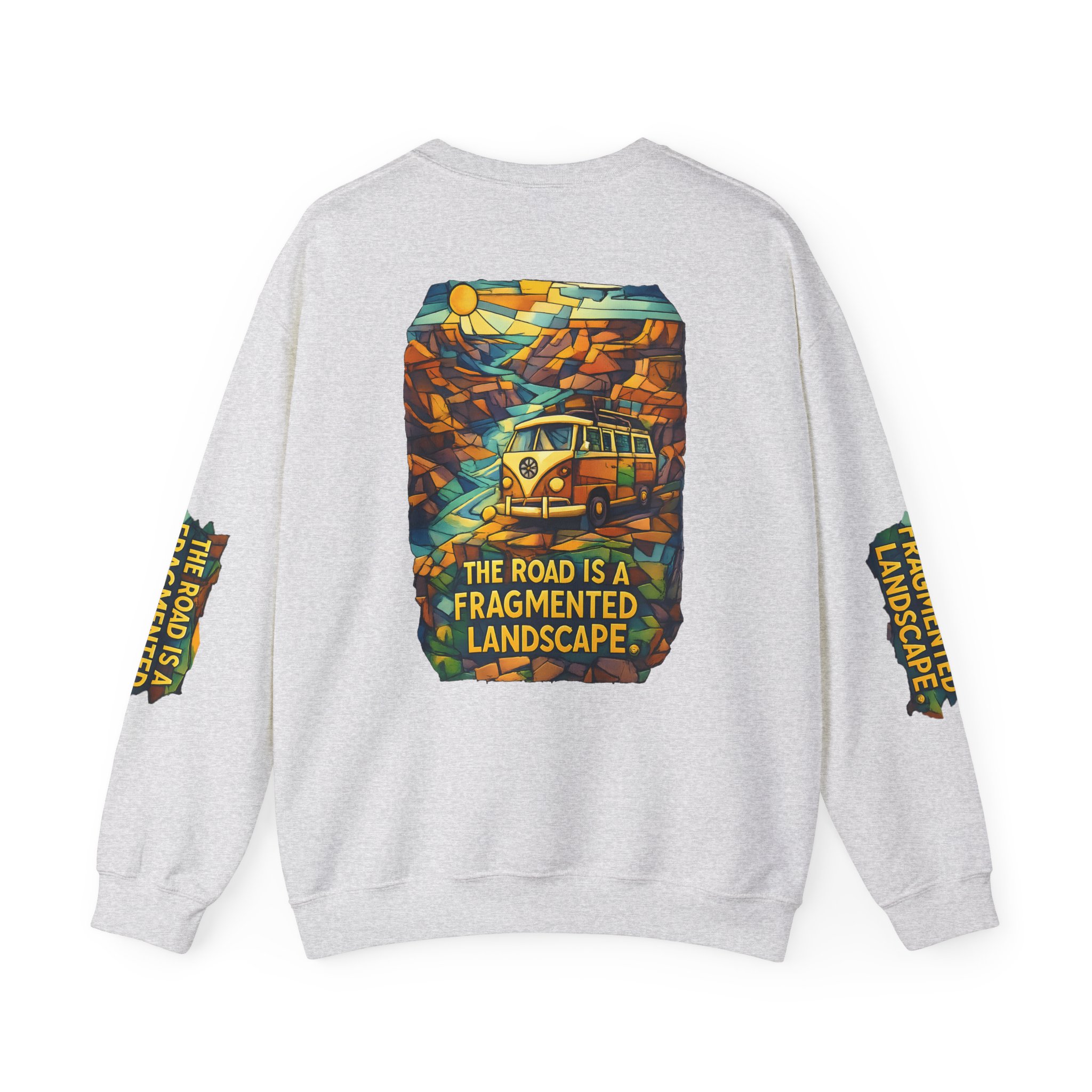 Unisex Heavy Blend™ Crewneck Sweatshirt — "The Road Is A Fragmented Landscape" Design Cubic-Line