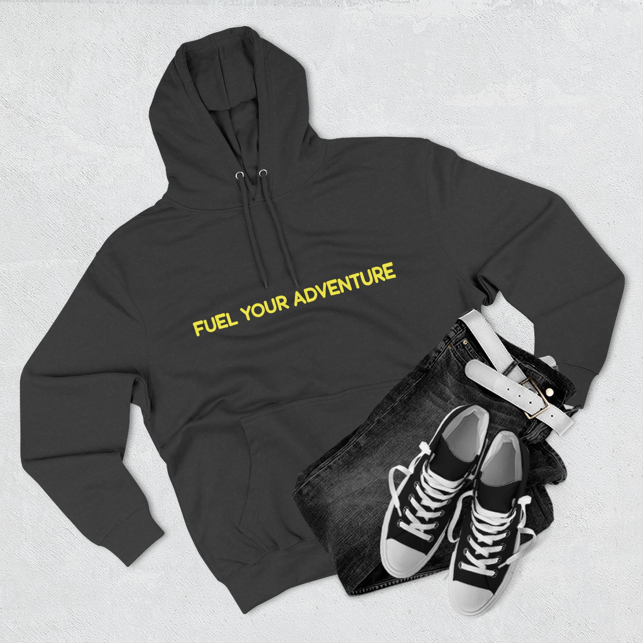 Three-Panel Fleece Hoodie - "Fuel Your Adventure" Design Sitcom-Line
