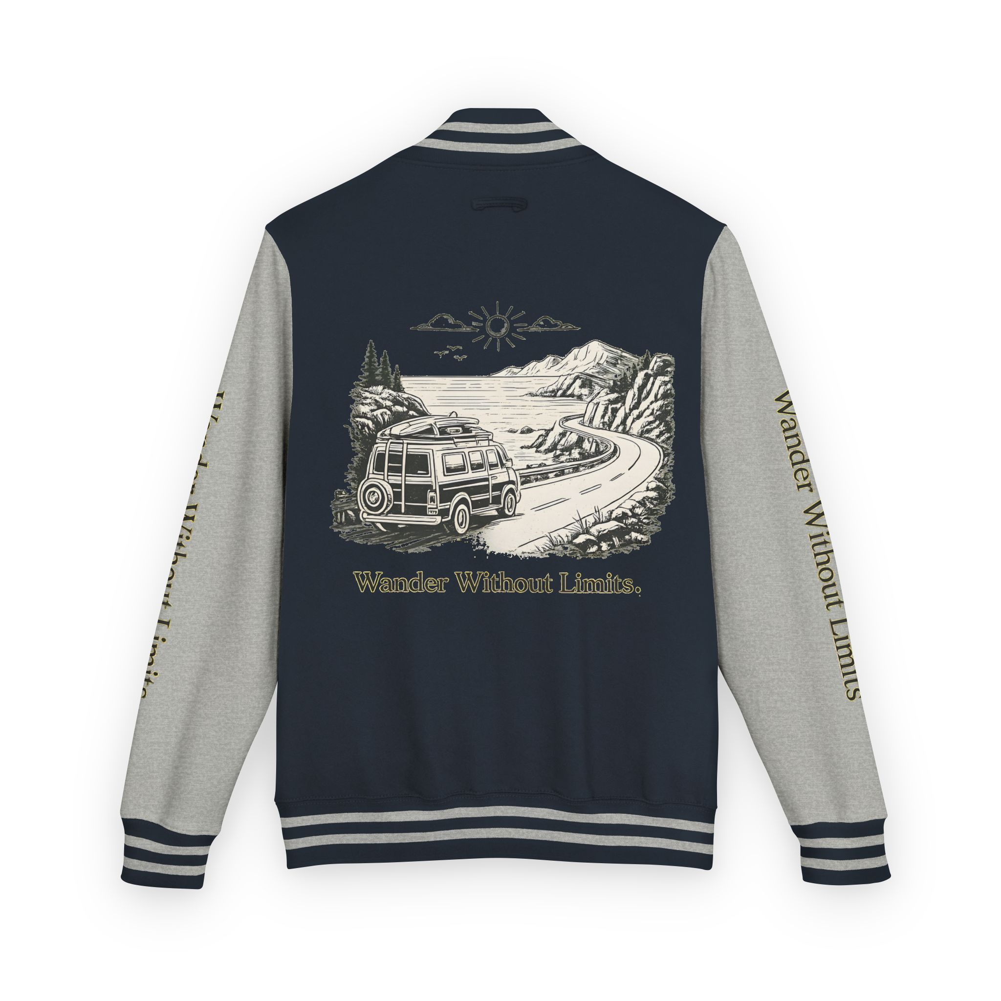 Unisex Heavyweight Letterman Jacket — "Wander Without Limits" Travel Varsity Coat