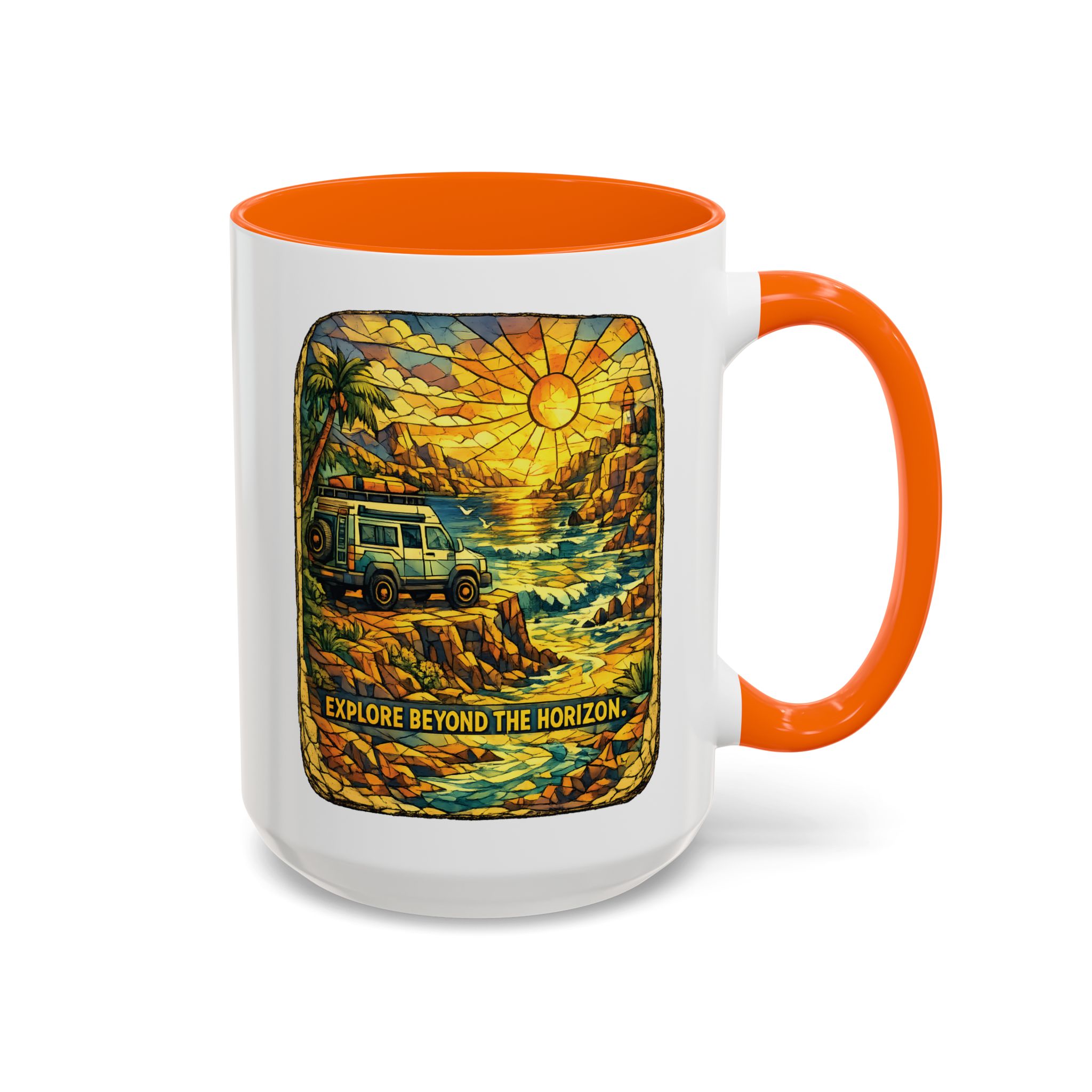 Accent Coffee Mug (11, 15oz) — "Explore Beyond The Horizon" Design Cubic-Line