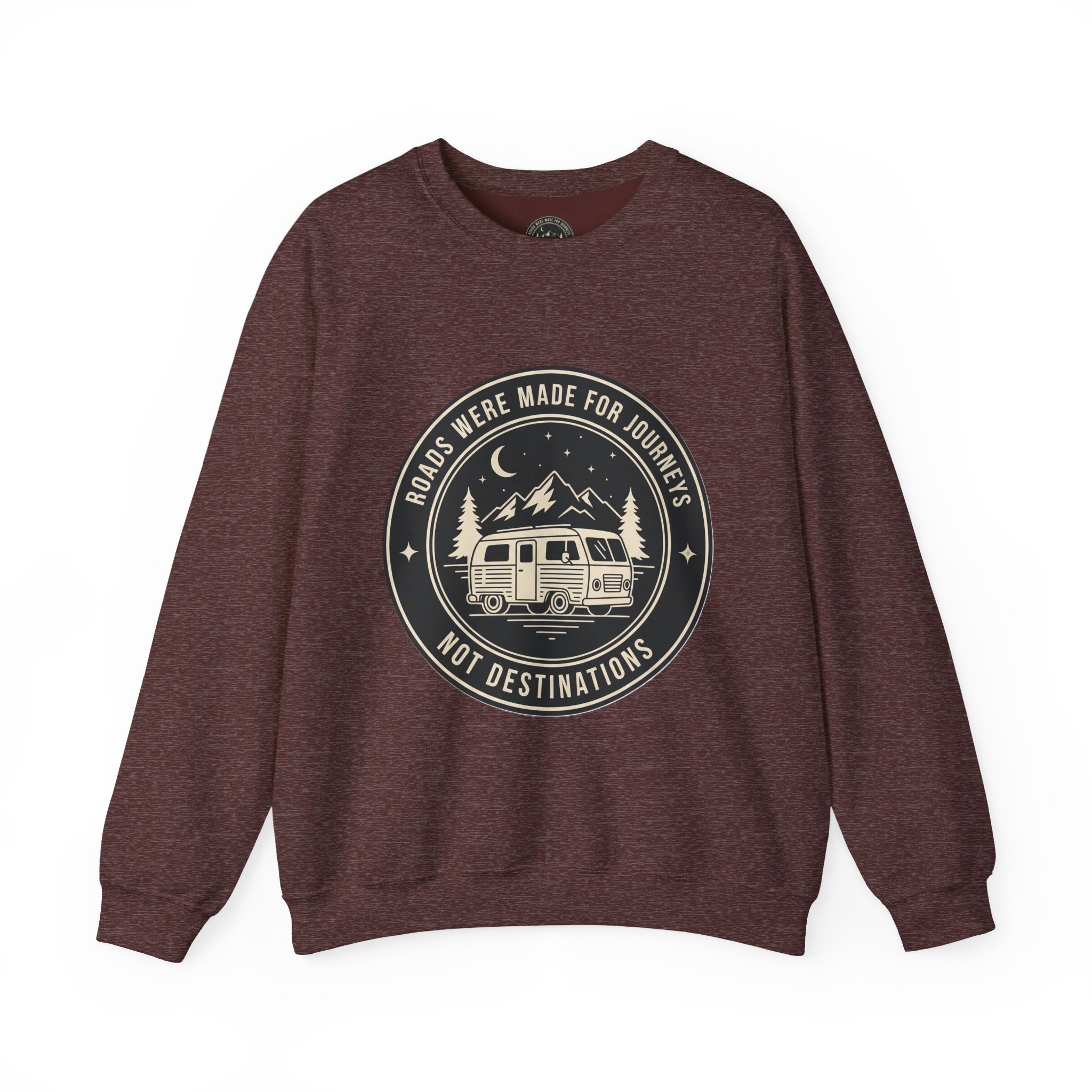 8569316973628207406_2048.jpeg Crewneck Sweatshirt — "ROAD WHERE MADE FOR JOURNEYS-NOT DESTINATIONS" (Ony Font printed) Vintage Camper Van Outdoor Graphic