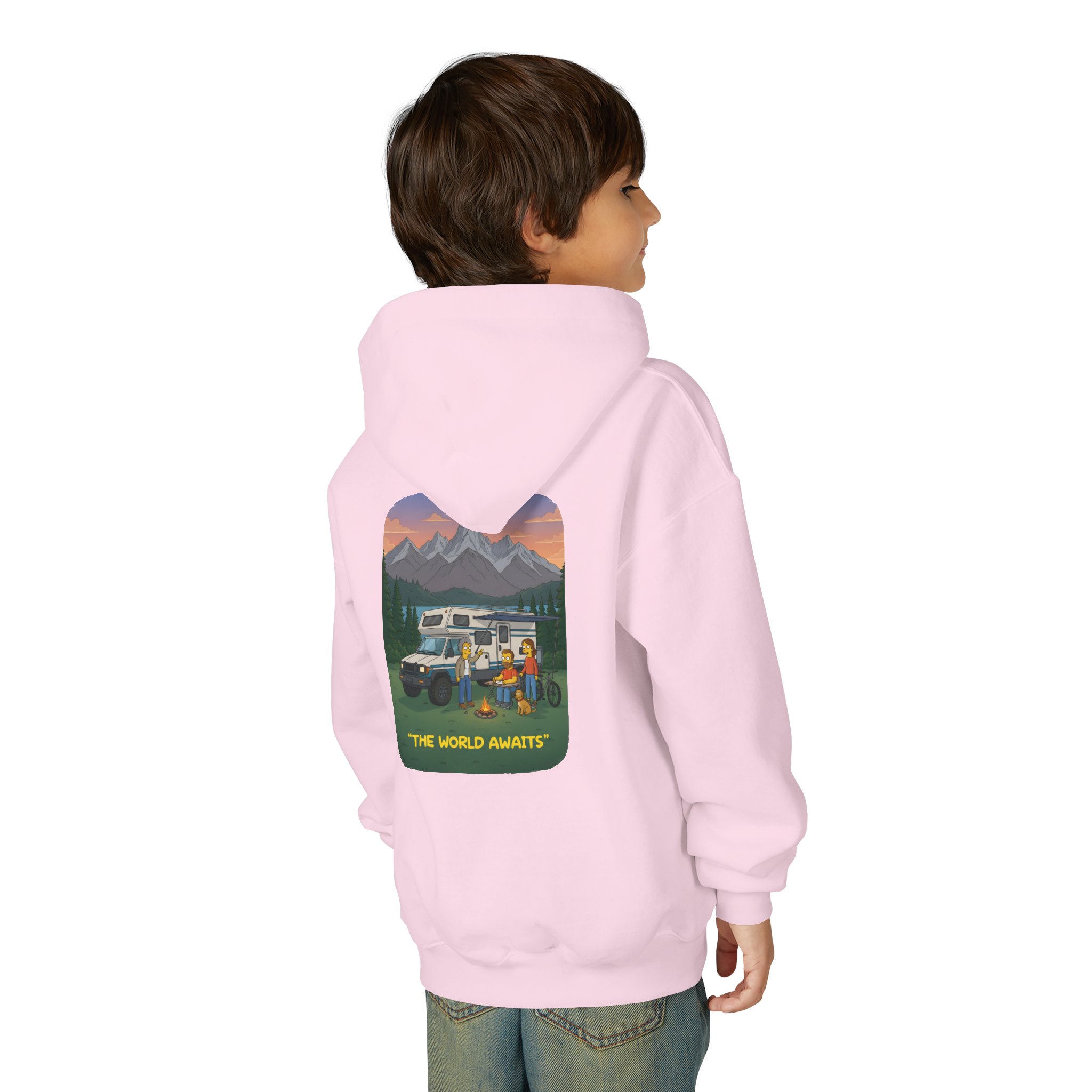 Youth Hoodie(Gildan) – "The World Awaits" (Design Sitcom-Line)