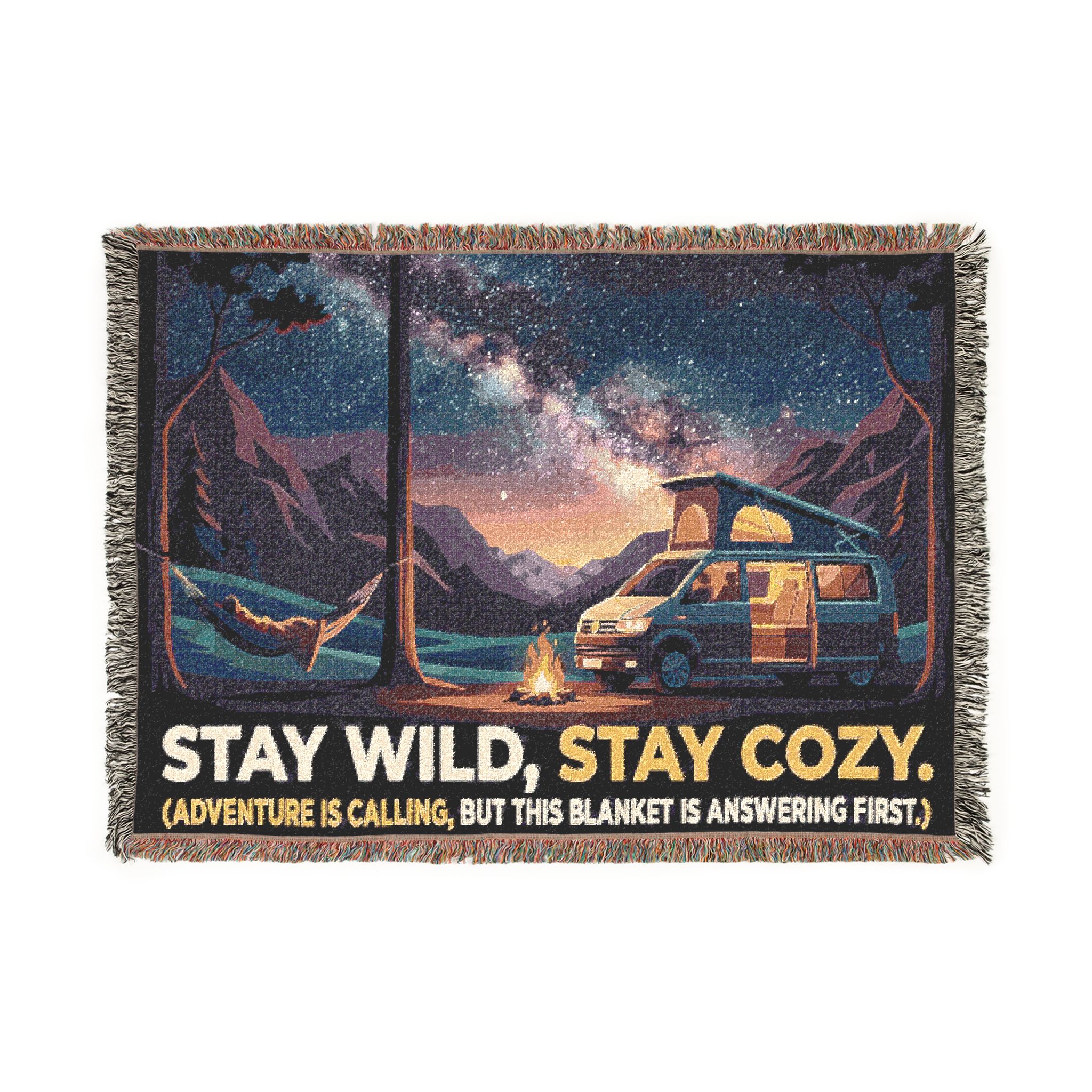 Woven Blanket - "Stay Wild, Stay Cozy" Campervan Mountain Throw