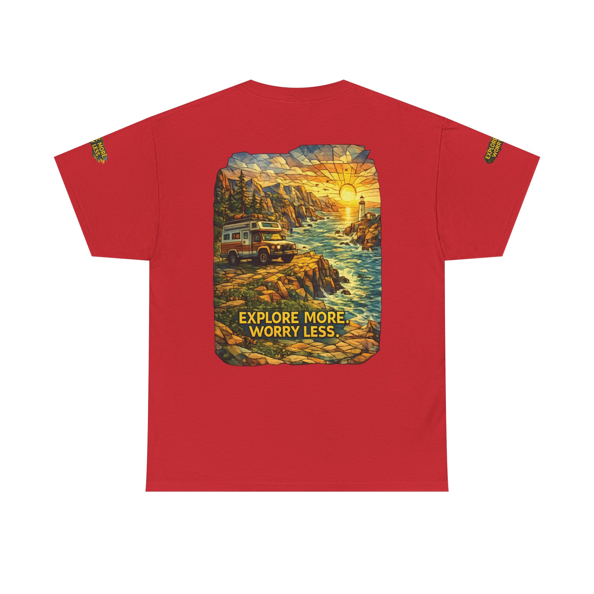 Unisex Heavy Cotton Tee — "Explore More Worry Less" Design Cubic-Line