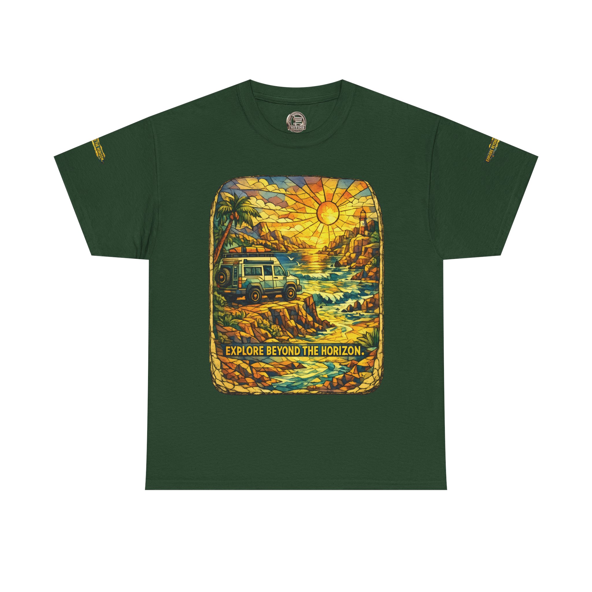 Unisex Heavy Cotton Tee — "Explore Beyond The Horizon" Design Cubic-Line