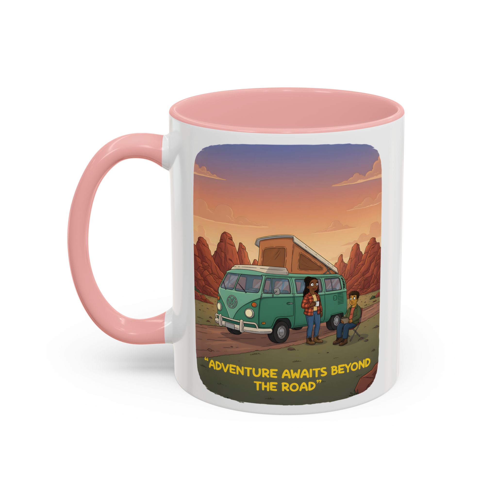 Accent Coffee Mug (11, 15oz) — "Adventure Awaits Beyond The Road" Design Sitcom-Line