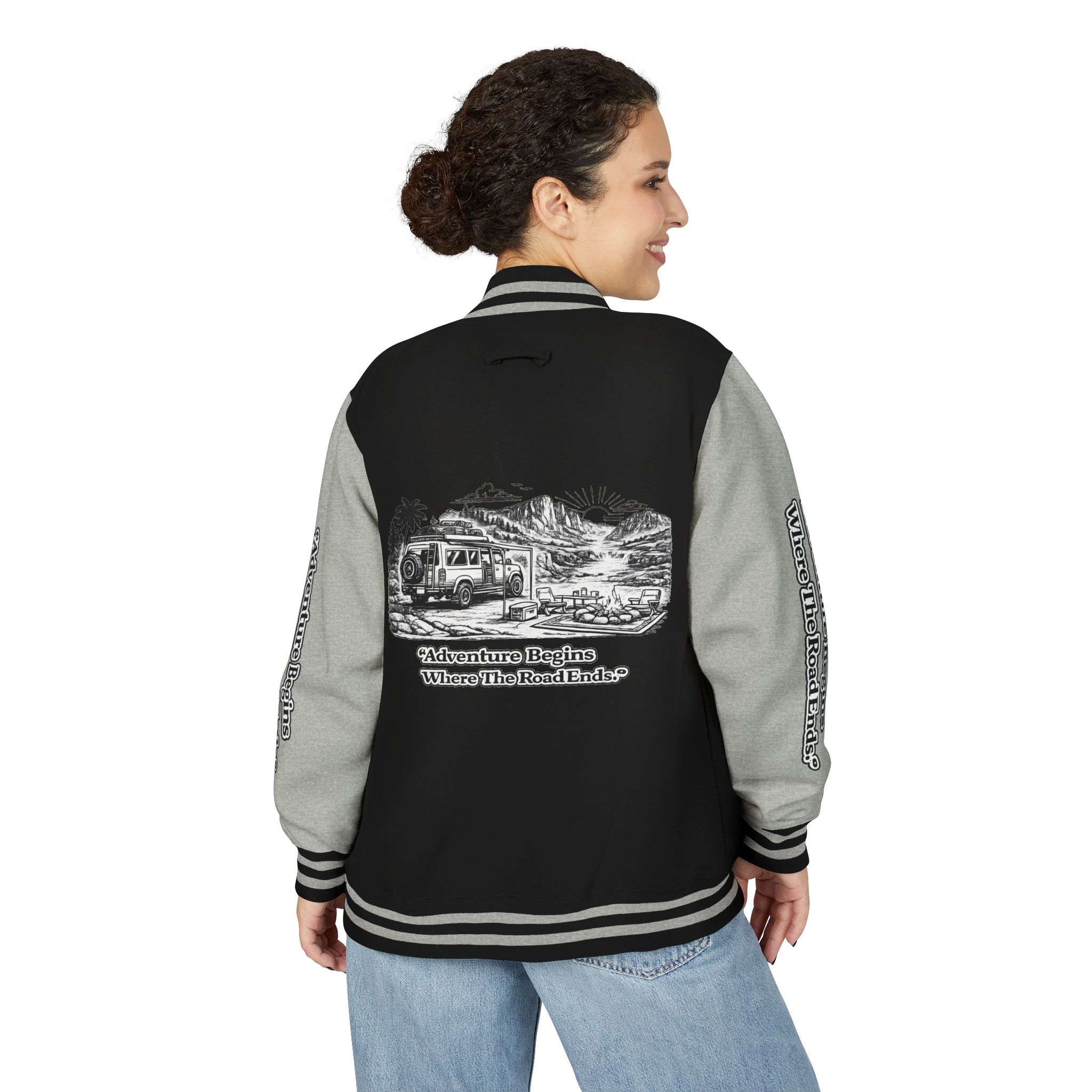 8606134777639045796_2048-1.jpeg Unisex Heavyweight Letterman Jacket — "Adventure Begins Where The Road Ends" Travel Varsity Coat